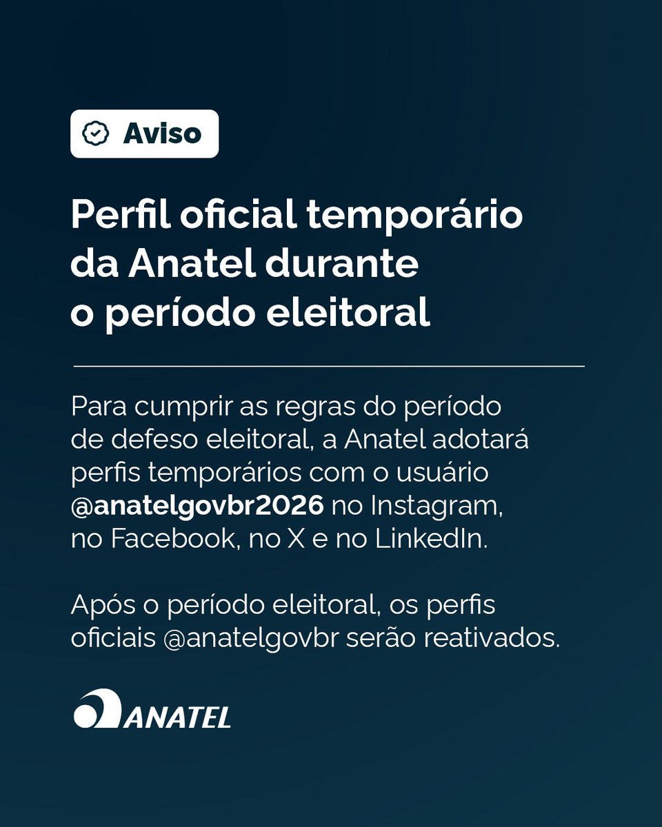 anatelgovbr2026's tweet photo. Atenção: para cumprir as regras do período de defeso eleitoral, a Anatel adotará perfis temporários com o usuário @anatelgovbr2026 no Instagram, no Facebook, no X e no LinkedIn.
Após o período eleitoral, os perfis oficiais @anatelgovbr serão reativados. https://t.co/jr8bpgRjY9