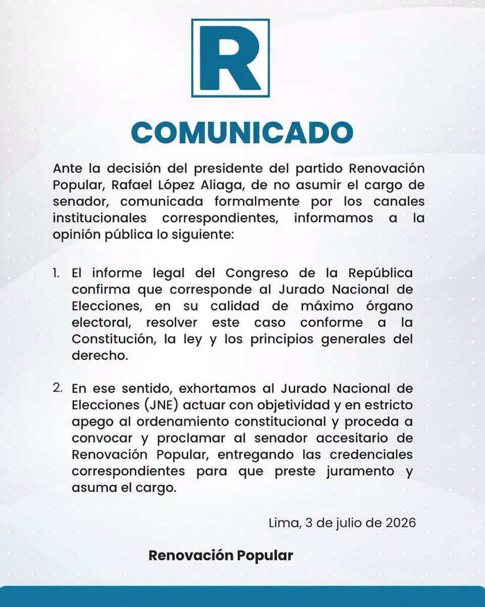 PaoMartinezOf's tweet photo. 🚨🇵🇪 #COMUNICADO | QUE DECIDAN LOS LIMEÑOS

El informe legal del Congreso es claro: corresponde al Jurado Nacional de Elecciones convocar al senador accesitario de @rlopezaliaga1 

Los vecinos de Lima deben decidir en las urnas quién debe gobernar su ciudad. En una democracia, las autoridades las elige el pueblo, no las interpretaciones políticas. Que sea la voluntad de los limeños la que prevalezca.

#RafaelLopezAliaga #LimaCeleste #PoryVuelve 🩵