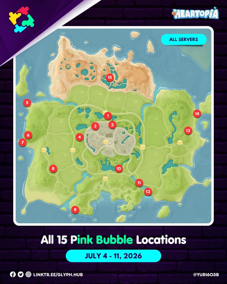 Glyph_Hub's tweet photo. [Heartopia]

All 15 Pink Bubble Locations for all servers July 4-July 11, 2026

#Heartopia #HeartopiaTips #HeartopiaGuide #PinkBubbles https://t.co/sGN98Mlj0I