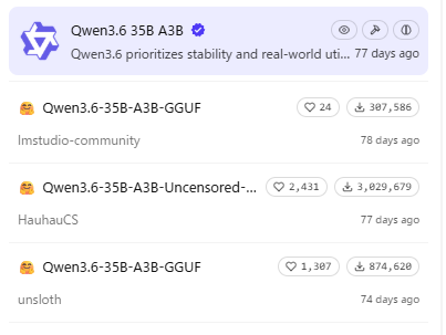 kis's tweet photo. Qwen3.6-35B、Uncensoredモデルが通常モデルの3倍くらいダウンロードされててウケるｗ
まあしかし、ローカルLLMを使いたい理由ナンバーワンだからなｗ https://t.co/b3m7hVK6Sd