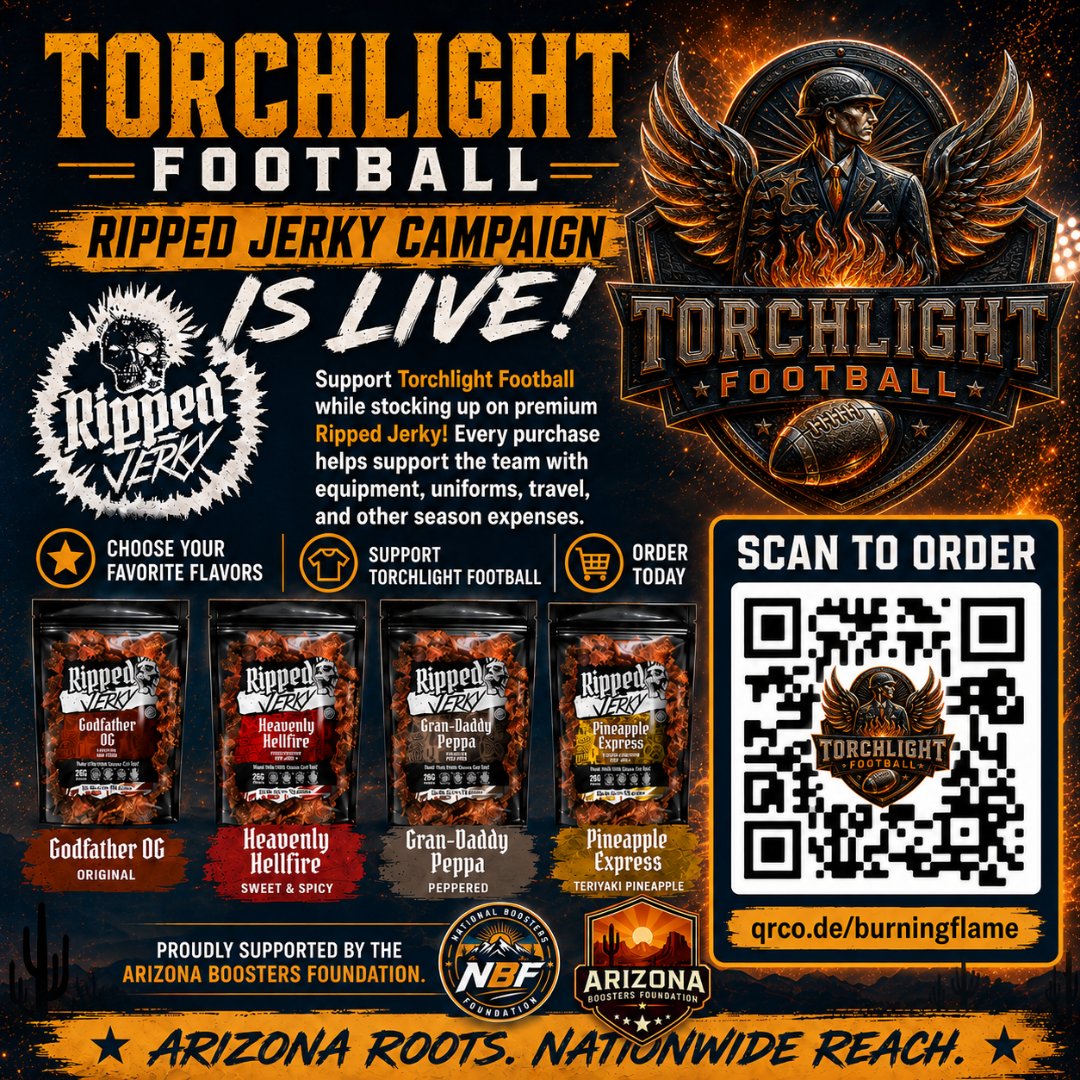 ArizonaBoosters's tweet photo. 🔥 TORCHLIGHT FOOTBALL’S RIPPED JERKY CAMPAIGN IS LIVE! 🔥

Support Torchlight Football Academy while enjoying premium Ripped Jerky! Every purchase helps fund equipment, uniforms, travel, and other season expenses—and 20% of every sale goes back to the team.

🛒 Order today: https://t.co/qQ9uynKtMv

Proudly supported by Arizona Boosters Foundation and National Boosters Foundation.

🌵 Arizona Roots. Nationwide Reach.

#TorchlightFootballAcademy #ArizonaBurningFlame #RippedJerky #FootballFundraiser #SupportStudentAthletes #ArizonaBoostersFoundation