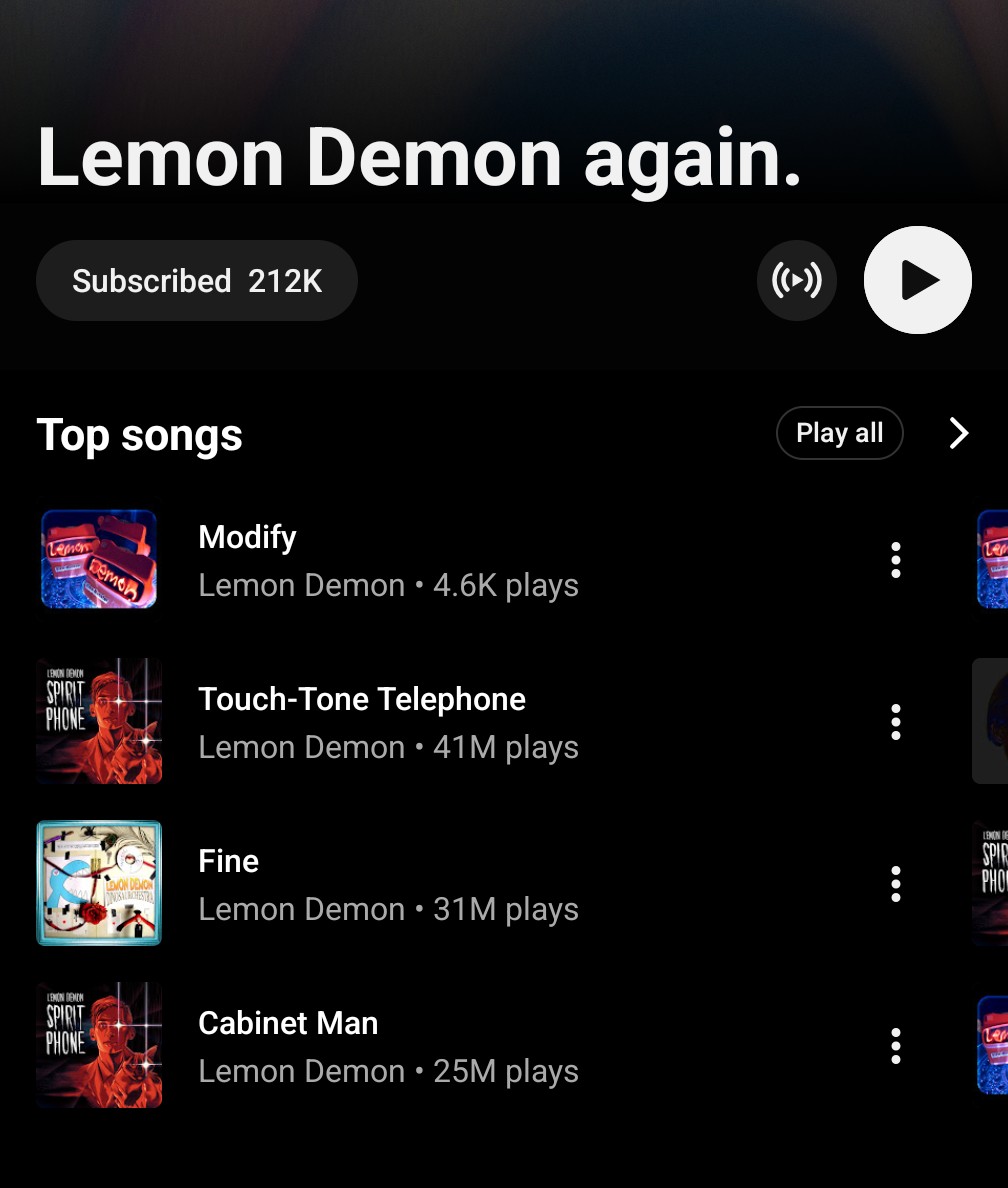 neilcic's tweet photo. Good news, my YouTube music name is Lemon Demon again. https://t.co/BgWI0cunU4