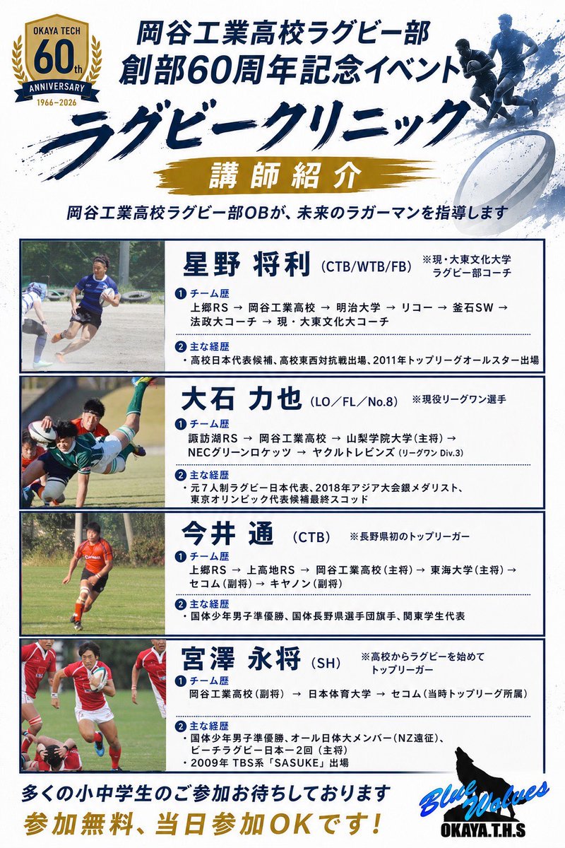 okayaths's tweet photo. 7/11(土)岡谷工業ラグビー部創部60周年記念イベント
『ラグビークリニック』のチラシが完成しました

講師はトップリーグなどで活躍した当校ラグビーOB！
現役選手も参加予定！
普段なかなか体験できないトップレベルの指導を、ぜひこの機会に体験してください
参加無料、当日参加OKです！ https://t.co/qlAGIblR71