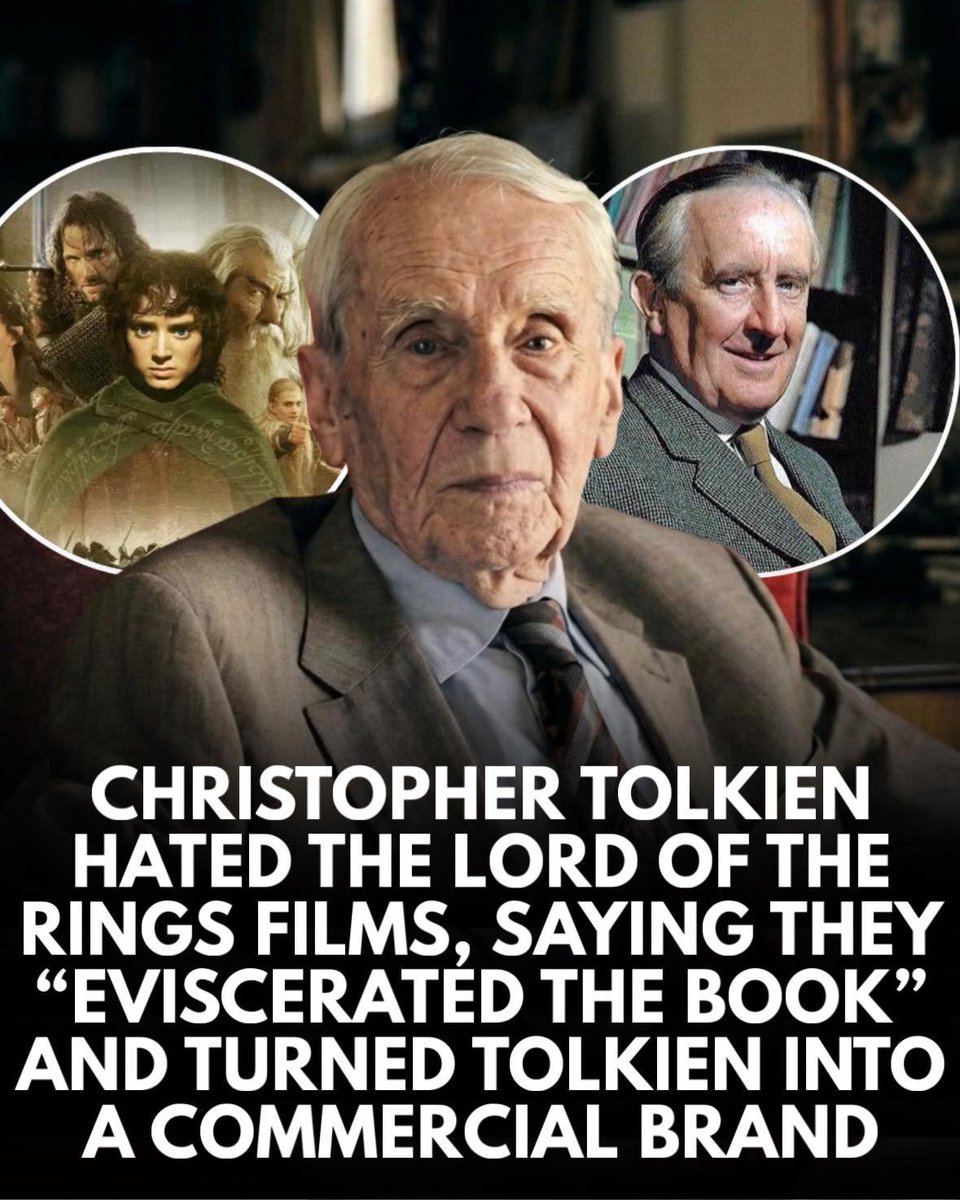 Lordoftheringsu's tweet photo. Christopher Tolkien hated Peter Jackson’s The Lord of the Rings films.

Christopher Tolkien strongly disliked Peter Jackson's Lord of the Rings movies, viewing them as commercialized action films that "eviscerated" his father’s work. He felt the adaptations stripped away the deep, spiritual, and philosophical beauty of the books to target a young audience, ultimately turning his father's art into a "monster".

Speaking about The Lord of the Rings film trilogy, he once said with clear disappointment that the movies had “eviscerated the book by making it an action movie for young people aged 15 to 25.”

For Christopher, the issue was not simply that changes were made. He felt the deeper spirit of J. R. R. Tolkien had been lost. The mythology, language, and philosophical depth that defined Middle-earth, in his view, were overshadowed by spectacle and blockbuster storytelling.

He even described the phenomenon of Tolkien’s worldwide fame as something bittersweet, saying the work had been “devoured by its own popularity and absorbed by the absurdity of our time.”

To him, the growing commercialization of Middle-earth diminished the aesthetic and intellectual weight of the original creation.

In the end, Christopher chose the only response he felt he could take.

He turned his head away from the films.

Do you think Christopher Tolkien’s approach to the LOTR films was right or wrong?