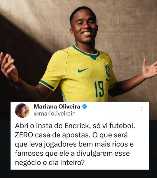 DilmaResiste's tweet photo. Endrick recusou uma proposta milionária para fazer publicidade de bets. A informação é de que a oferta ultrapassava R$ 10 milhões, mas ele preferiu não aceitar por convicções pessoais.
(Pragmatismo Político)
Siga nosso novo Instagram, que a Meta derrubou https://t.co/BLLoJkq5BW https://t.co/U9IGWYLjin