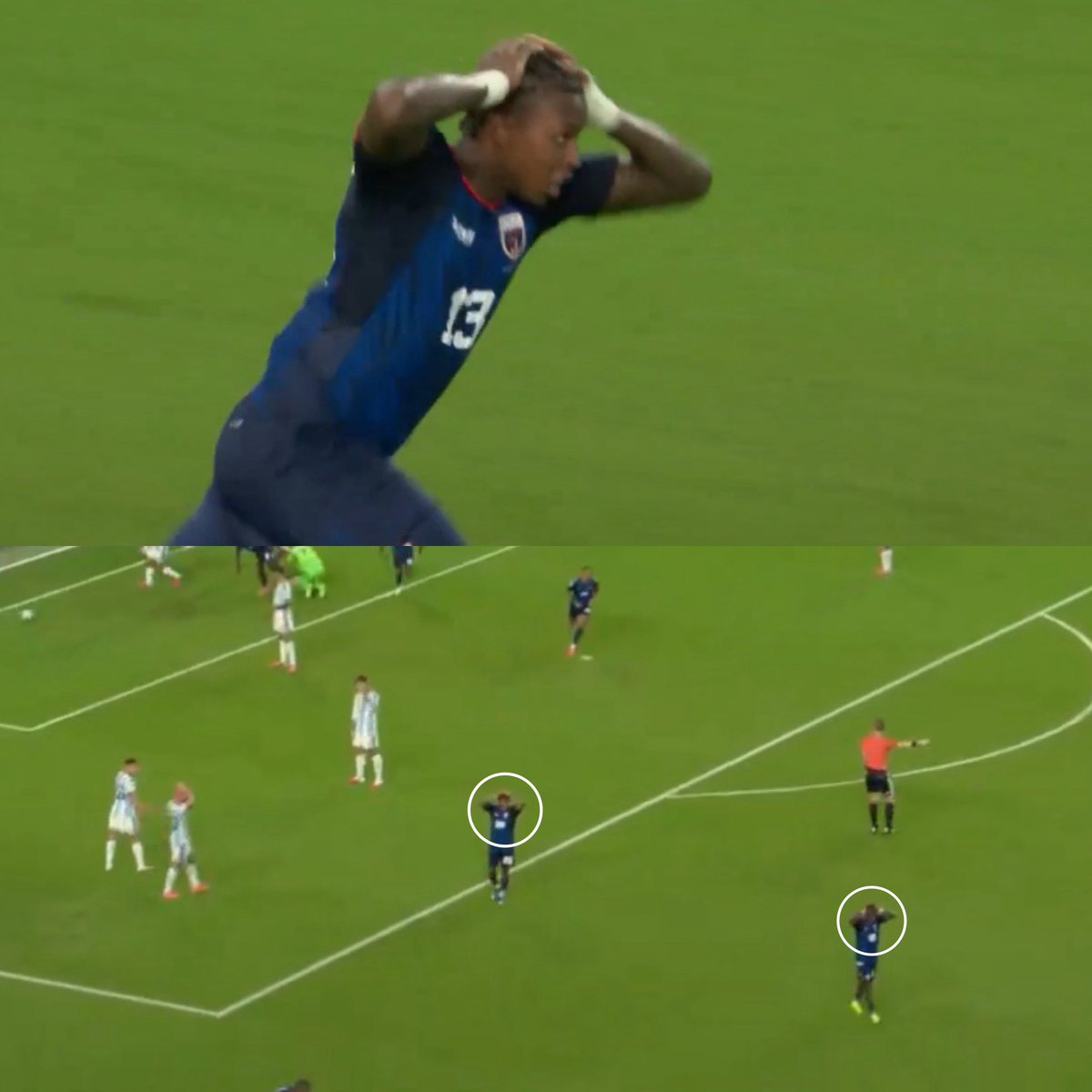 Juezcentral's tweet photo. Esta secuencia ya es historia del Mundial.  Sidny Lopes la clava al ángulo contra los Campeones del Mundo, empatándoles en tiempo extra. 

Él y sus compañeros se agarran la cabeza. 

Nadie cree lo que estamos viendo. De pie ante Cabo Verde, pase lo que pase💙 https://t.co/xbOnMZpFD1
