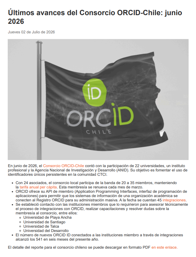 consorciocincel's tweet photo. El progreso del Consorcio #ORCID-Chile continuó en el primer semestre de 2026. Revisa el reporte de avances del último mes en: https://t.co/FIOfGIcG0I https://t.co/FUpYK8YJKH