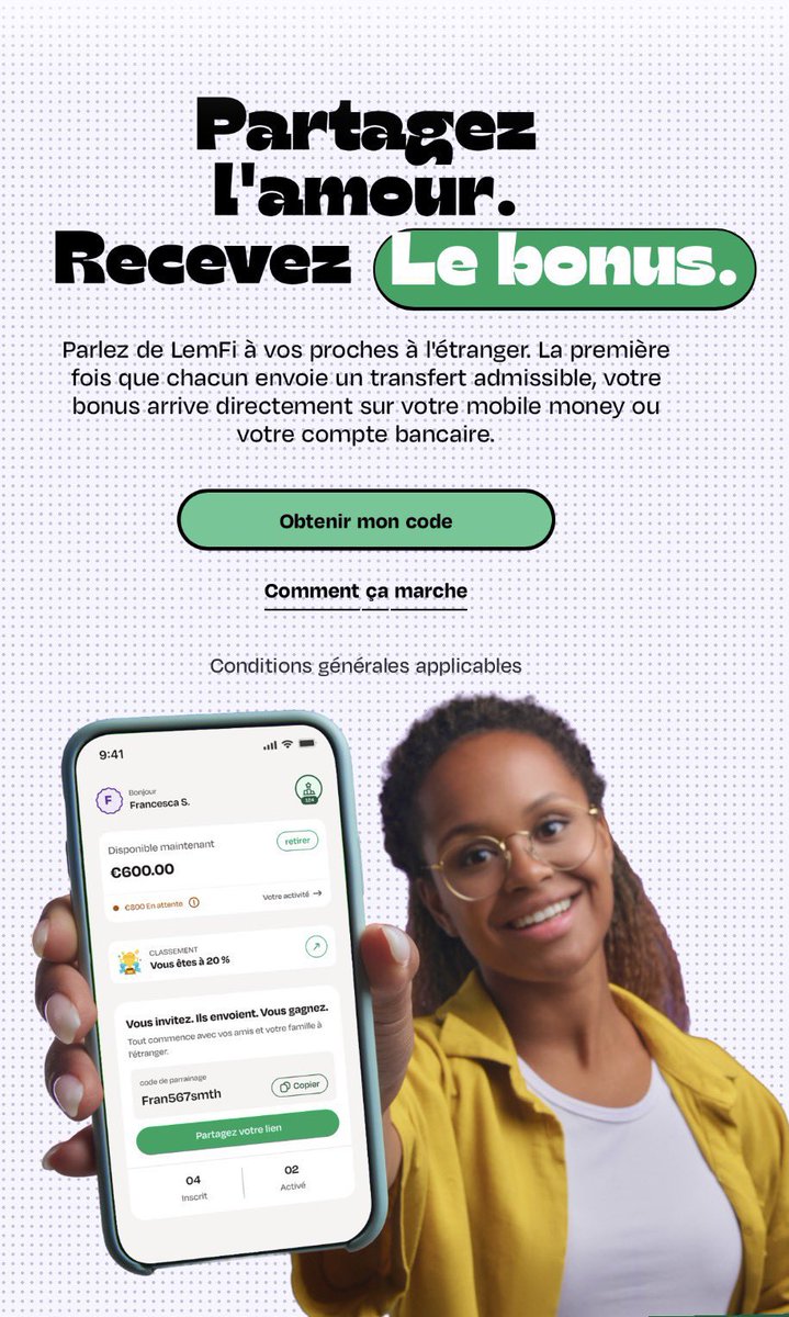 Elh_Mrr's tweet photo. Gagnez de l’argent avec Earnback by LemFi !

Telechargez l’application dès maintenant via le lien ci-dessous :
https://t.co/HPqsU2RcPK

L’application Earnback by LemFi vous permet de gagner de l’argent grâce à votre code de parrainage.

Comment ça marche ?

* Créez votre compte et finalisez votre inscription.
* Invitez un proche vivant en Europe, aux États-Unis, au Canada ou au Royaume-Uni.
* Recevez un bonus de 3 500 FCFA à 5 000 FCFA dès que votre filleul effectue son premier transfert compris entre 50 € et 100 €.

C’est simple, rapide et vous êtes récompensé pour chaque premier transfert éligible de vos filleuls. Profitez-en dès maintenant !