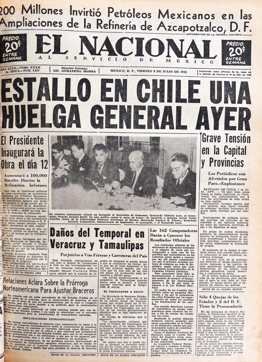 AGNMex's tweet photo. La huelga general de Chile de 1955 fue una respuesta a la grave crisis económica, el alza en el costo de vida y al deterioro de los salarios reales.
#PrimerasPlanas
“El Nacional”, 8 de julio de 1955, Biblioteca-hemeroteca Ignacio Cubas. https://t.co/AJp6rJKGxz