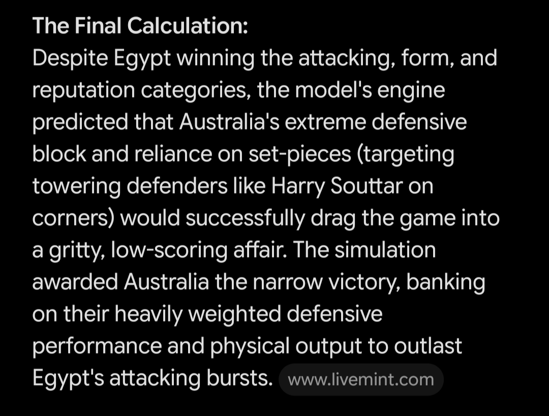 RaymondOdele's tweet photo. At 1-0 Egypt lead I went to gemini to question its prediction based on my 9 weighted parameters.. and here's what I got #AUSEGY #FIFA #worldcup #Australia #Egypt #Salau #Extratime https://t.co/AdzhTkEV8k