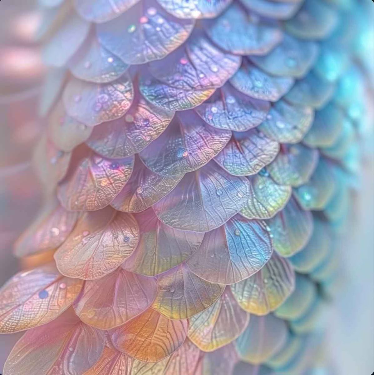 aestheticpost's tweet photo. Water droplets rest on scales that shift between rose, turquoise, and gold, catching the light like something half-dreamed. https://t.co/b6XYAeWUhm