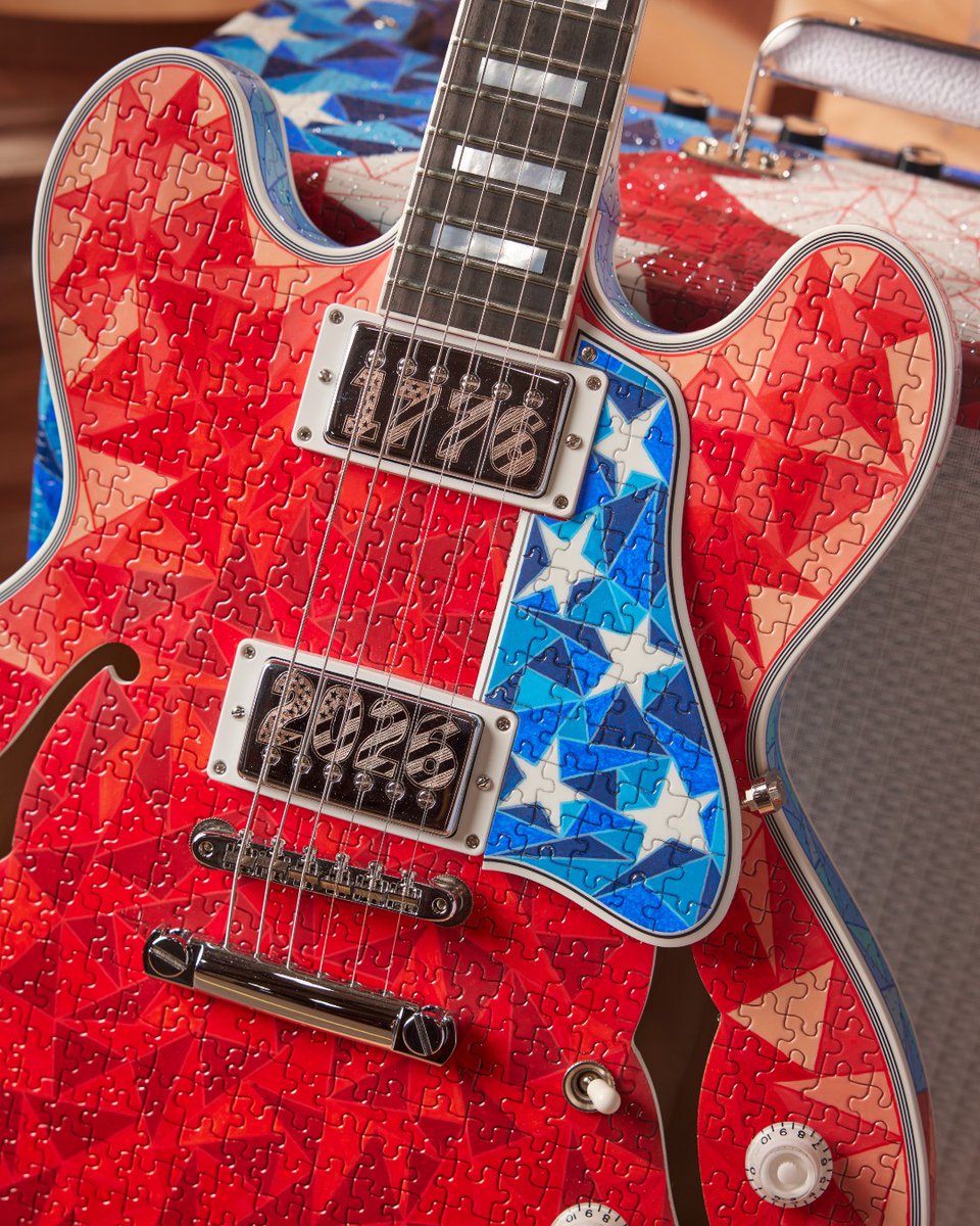 gibsonguitar's tweet photo. From our U.S. craftories to your garage jams and festival stages, we’re proud to be part of the American soundtrack. 🦅⚡
 
Happy 250th Birthday, USA!
 
To mark the occasion, our Master Artisan, Rickie Hinrichsen, created a one-of-a-kind tribute: the patriotic 1959 ES-355 Puzzle Guitar, complete with matching Falcon 20 1x12 combo.
 
Have a safe, fun, and music-filled Fourth of July weekend!

More on the inspiration and craftsmanship behind this guitar can be found here: https://t.co/W6p1VgP1Ol
