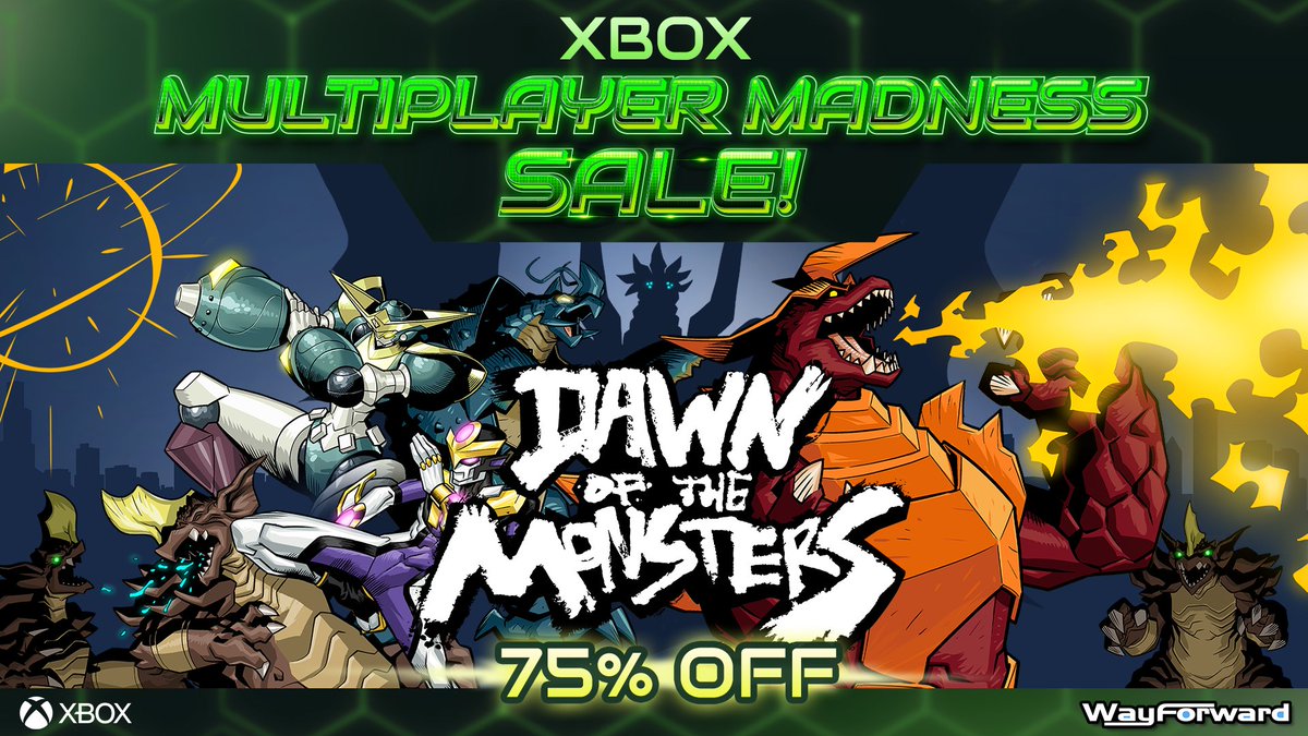 WayForward's tweet photo. Control kaiju, mecha, and titanic warriors in co-op action in Dawn of the Monsters! This colossal beat-'em-up is now 75% off on Xbox during the Multiplayer Madness Sale! https://t.co/mAig6sjwag https://t.co/Lv9SI7h7Lx