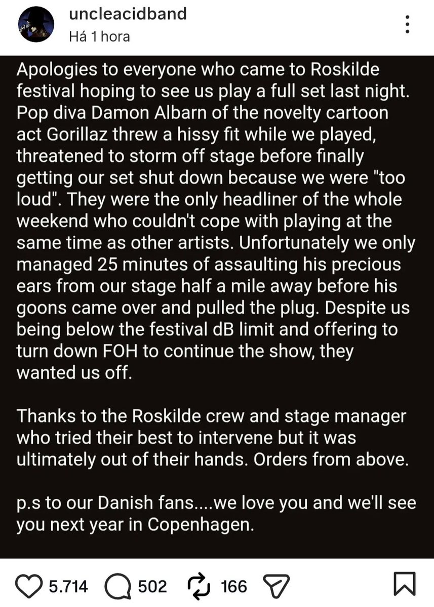 andre_barcinski's tweet photo. Damon Albarn (Gorillaz) deu piti de primadonna no festival Roskilde: mandou parar o show da excelente banda Uncle Acid and the Deadbeats, num palco secundário, porque o som estaria "alto demais", apesar de estar, segundo UA&amp;D, dentro do limite estipulado. https://t.co/tWQPhogsmZ