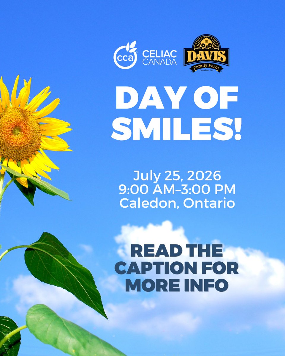 CCAceliac's tweet photo. 🌻 Join us for a Day of Smiles at Davis Family Farm!
Connect with the celiac &amp; gluten-free community, meet vendors, hear expert speakers, ask a dietitian, enjoy a gluten-free BBQ, support a local food drive, and more.
🔗 https://t.co/xgTr479eZ8
#CeliacCanada #Celiac #GlutenFree https://t.co/L4qtfFsBAB