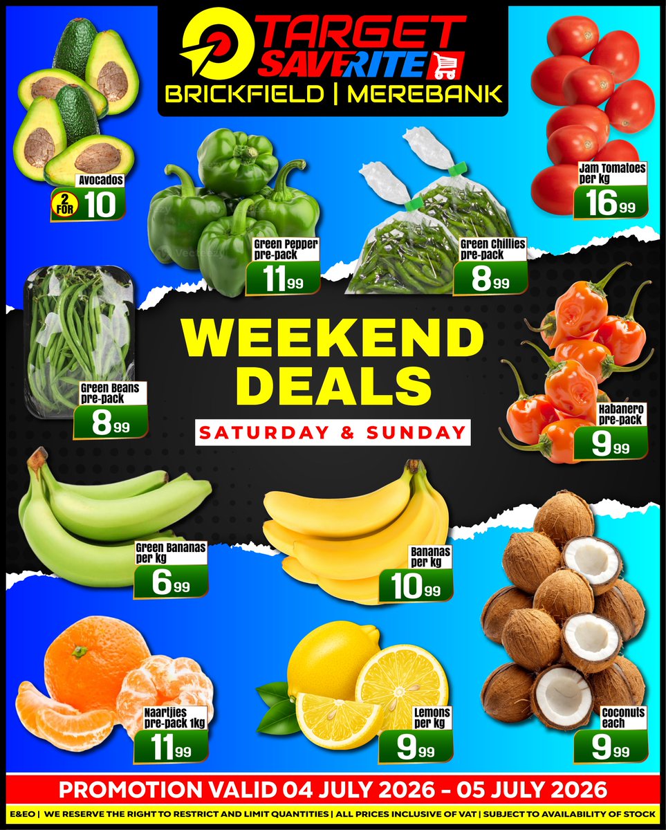 BrickfieldSave1's tweet photo. Weekend grocery run? We’ve got you covered. 🛒✨

🗓️ 04– 05 July 2026 (Saturday &amp; Sunday only!)
📍374 Brickfield Road, Overport
📲 079 760 7897

T&amp;Cs apply. Subject to availability. Don't miss out! 🏃💨
#TargetSaverite #WeekendDeals #GrocerySavings #SouthAfricaShopping https://t.co/fcvYcRbY2E