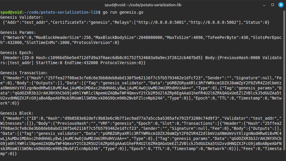 abstractpotato's tweet photo. The Potato Serialization Lib can be used to generate a test genesis block. 🥔🥔🥔 https://t.co/FQCrilUwMR