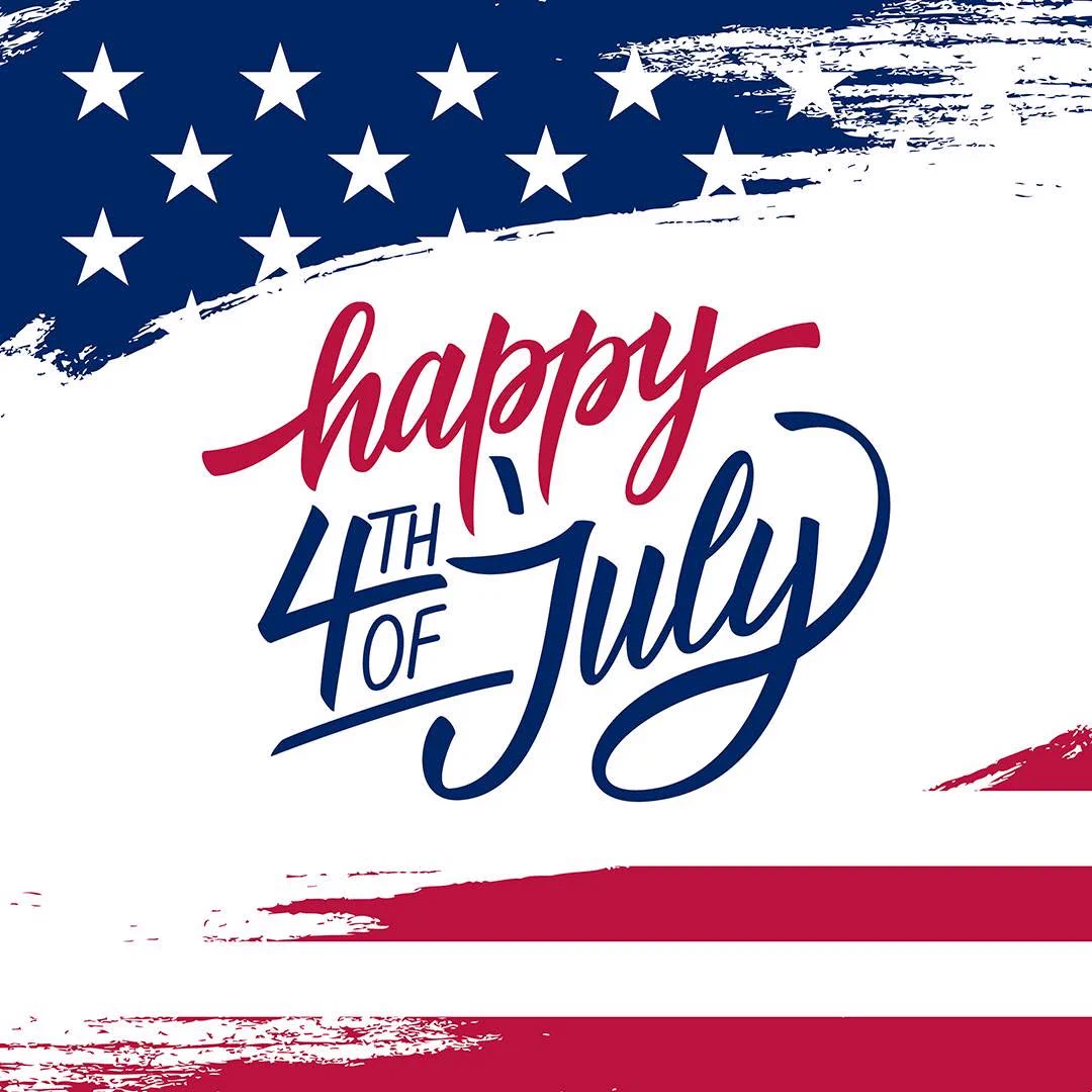 Blue background with white stars and red and white stripes with text reading "happy 4th of July."