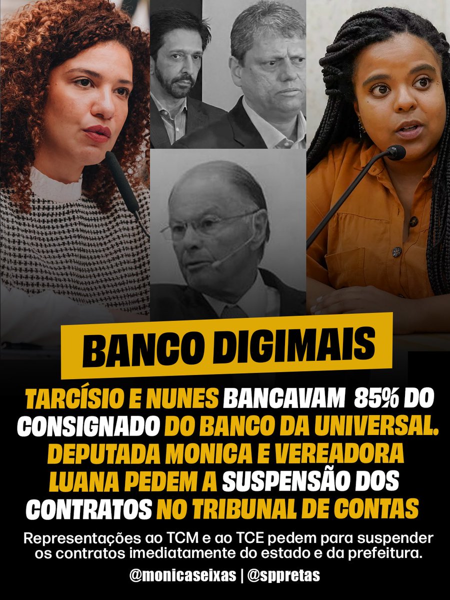MonicaSeixas's tweet photo. 🚨 É uma vergonha que Tarcísio e Nunes tenham usado o Estado para bancar a carteira de consignados do banco de Edir Macedo. É mais do que uma amizade suspeita: é uma farra com dinheiro público que ocorre na esteira de uma suposta fraude fiscal. Ao que tudo indica, estamos diante de um novo escândalo, assim como no caso do Banco Master, e isso precisa ser investigado com urgência!