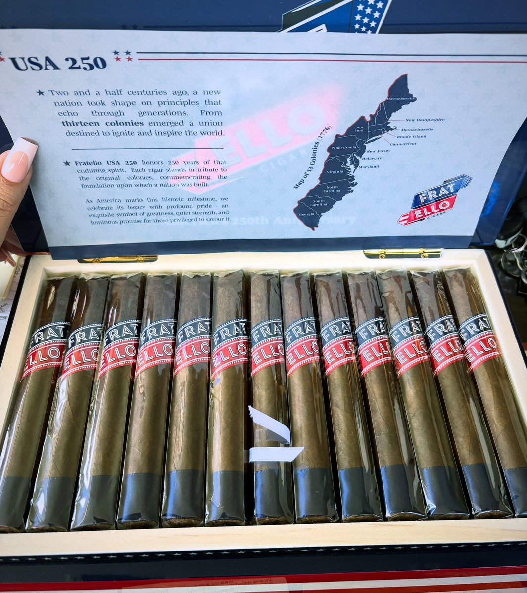 SophiaM41298966's tweet photo. The Fratello USA 250 is part of Fratello's PURO Collection with a cigar composed of a Nicaraguan Wrapper, USA PA broadleaf binder, and PA and Dominican Filler tobaccos. The cigar is presented in a 6 × 54 Toro and is limited to 250 Boxes. #fratello  #sophiassmokes #cigaroftheday https://t.co/1FMMCQV376