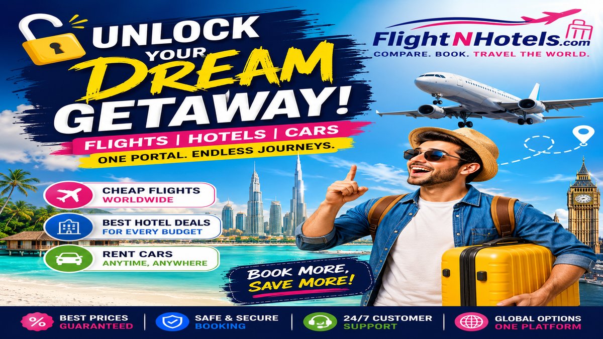 flight_Nhotels's tweet photo. ✈️🌍 Ready to unlock your dream getaway?

Compare &amp; book flights, hotels, and car rentals worldwide—all in one place at the best discounted prices.

🌐 Visit https://t.co/xWB5Ydudvo and start planning your next adventure today!

#Travel #FlightNHotels #TravelDeals #BookNow https://t.co/5j1nBnNnX5