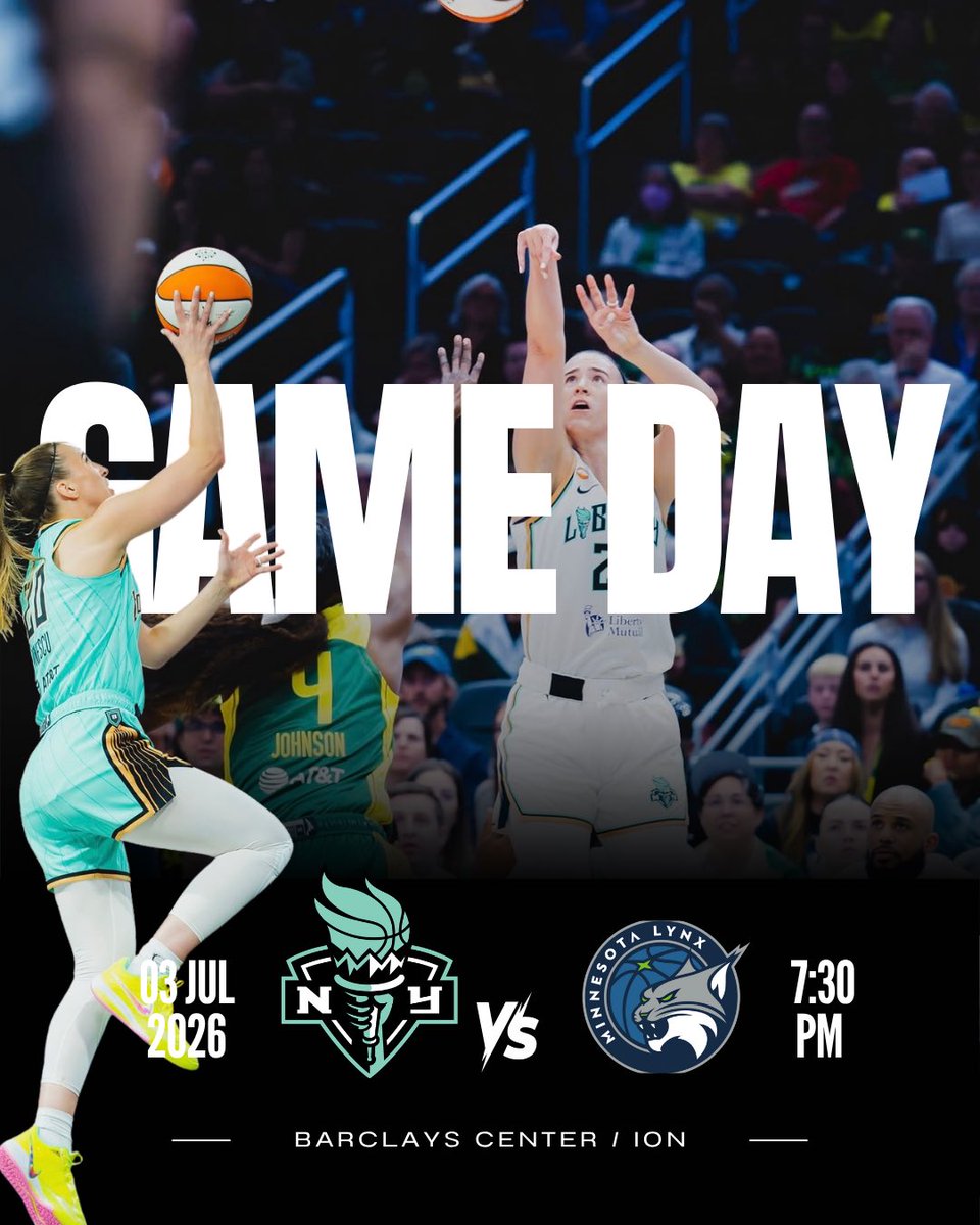 NYLibertyFanTV's tweet photo. The Cup Champions are back at it tonight hosting another rival in BK ๐ฝ
@nyliberty ๐ @minnesotalynx
โฐ 7:30pm
๐ @barclayscenter
๐บ ION
#wnba #nyliberty #nylftv https://t.co/Ruil61ygda