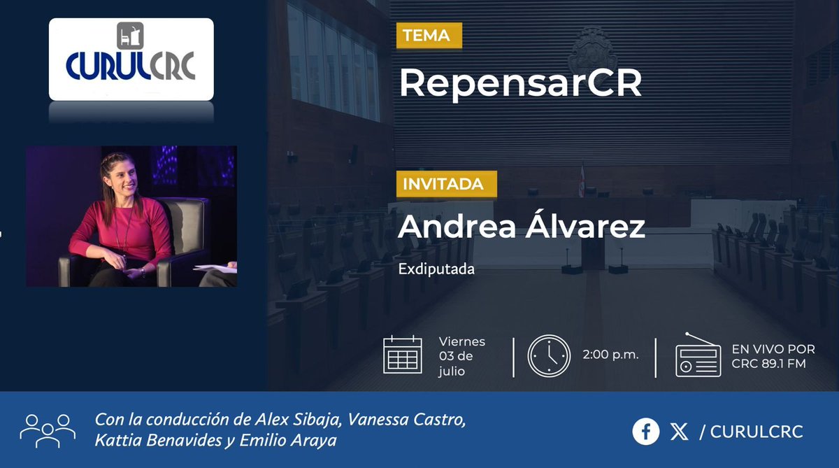 CurulCRC's tweet photo. Hoy en la edición de Viernes! 🎙

Invitada:@DespachoAAM
@RepensarCR

Conducen:
@alexsibajag
@vanessadpcastro
@Kabemo
@EmilioArayaS

📻: @CRC891Radio

📲:https://t.co/fFGJXs2lOr… https://t.co/uqHSzQ5ay4