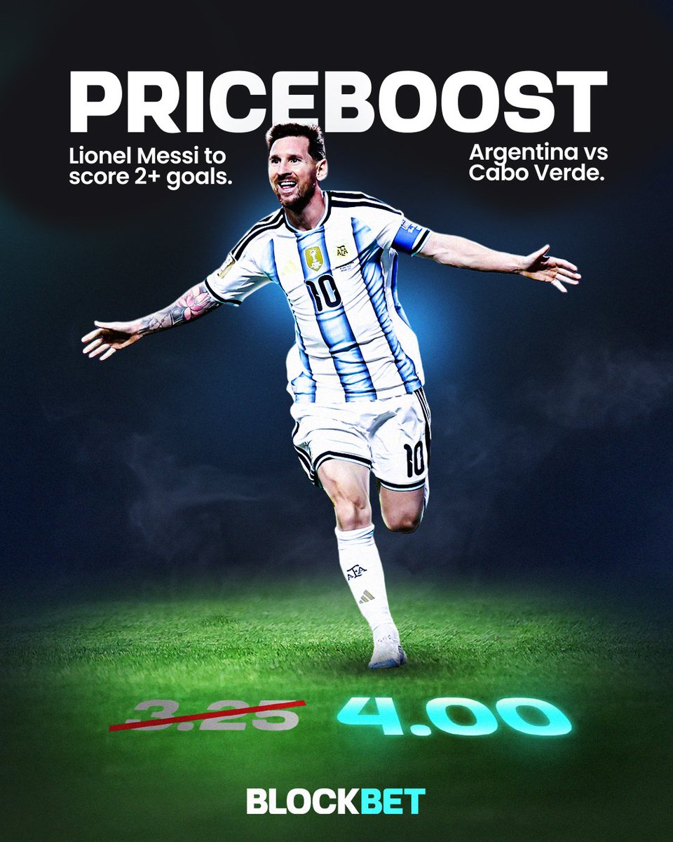 BlockBetGG's tweet photo. LIONEL MESSI BOOSTED! 🐐

World Cup Round of 32 continues with Argentina vs Cabo Verde in Miami. 🌴

We're now the best price anywhere for Messi to score 2+ goals. 💵

Lock in. 🫡