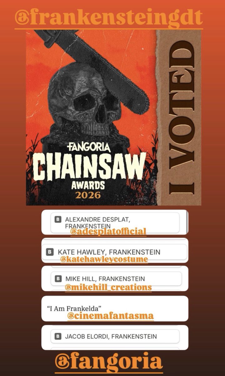 gdeo's tweet photo. VOTE The @FANGORIA Chainsaw Awards @FrankensteinGDT Jacob Elordi Mike Hill @mikehillart Kate Hawley @kate22672502 Alexandre Desplat @CinemaFantasma Arturo &amp; Roy Ambriz  #GuillermodelToro #JacobElordi #MikeHill #KateHawley #FrankensteinGdT #AlexandreDesplat https://t.co/uykzRyH7rA https://t.co/1L3kv6XdXs