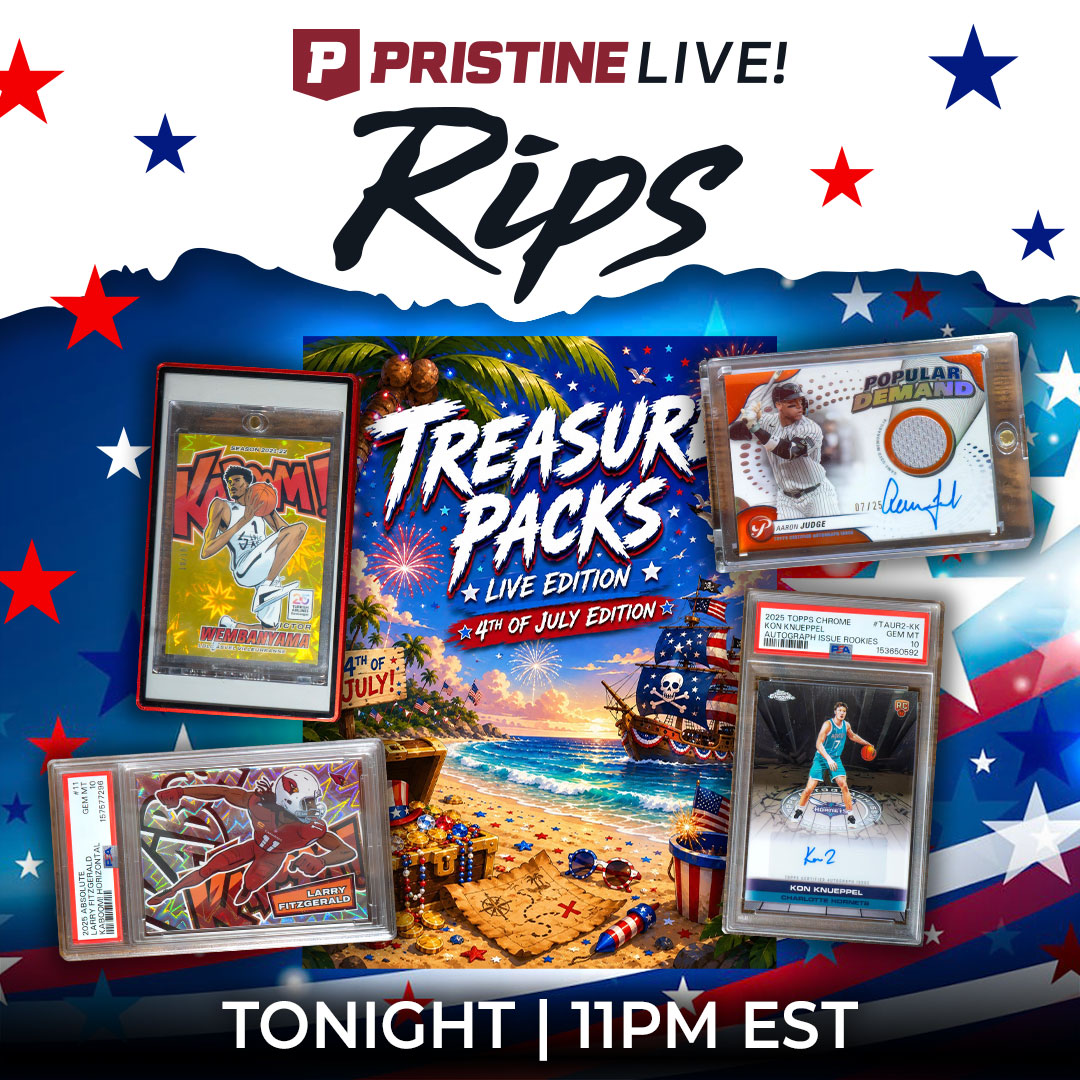 PristineAuction's tweet photo. 🎆 It's SATURDAY, the 4th of July baby! We've got fireworks in the lineup all day. 
We're LIVE selling 1,000+ Sports Cards up for auction. Signed, Graded, Case Hits, Vintage.
- Cards: 2pm–2am ET
- Pristine Live! Rips @ 11pm ET
$1 starting bids, no reserves. Register for free.