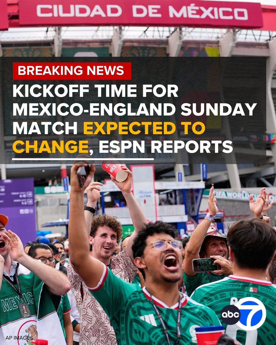 ABC7's tweet photo. #BREAKINGNEWS: The World Cup match between Mexico and England is likely to have its Sunday kick-off time changed due to the risk of weather disruption including flooding, sources told ESPN.

Kick-off is set to become 12 p.m. local time at the Azteca Stadium, which is 7 p.m. in the UK and 2 p.m ET. 

Read more here: https://t.co/DBUYtMF3Ia