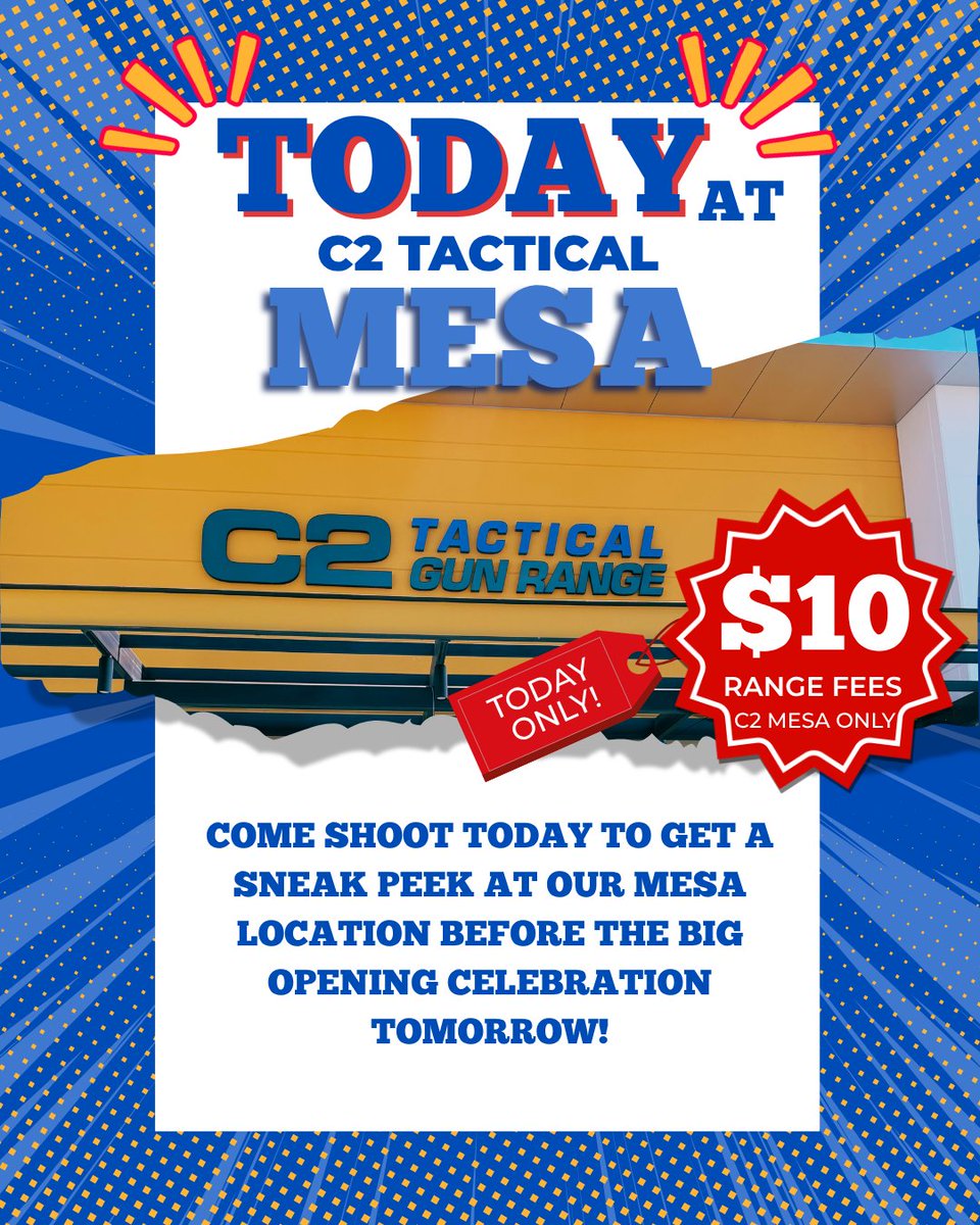 C2_Tactical's tweet photo. $10 Range Fees today only, exclusively at our C2 Tactical Mesa location. ⁠ Come shoot today and get a sneak peek at our Mesa location before the big opening celebration tomorrow!⁠ ⁠ location: 9253 E Willis Road, Suite 101, Mesa, AZ 85212⁠ ⁠ #ShootingRange #Tactical https://t.co/kQagO6XSN9