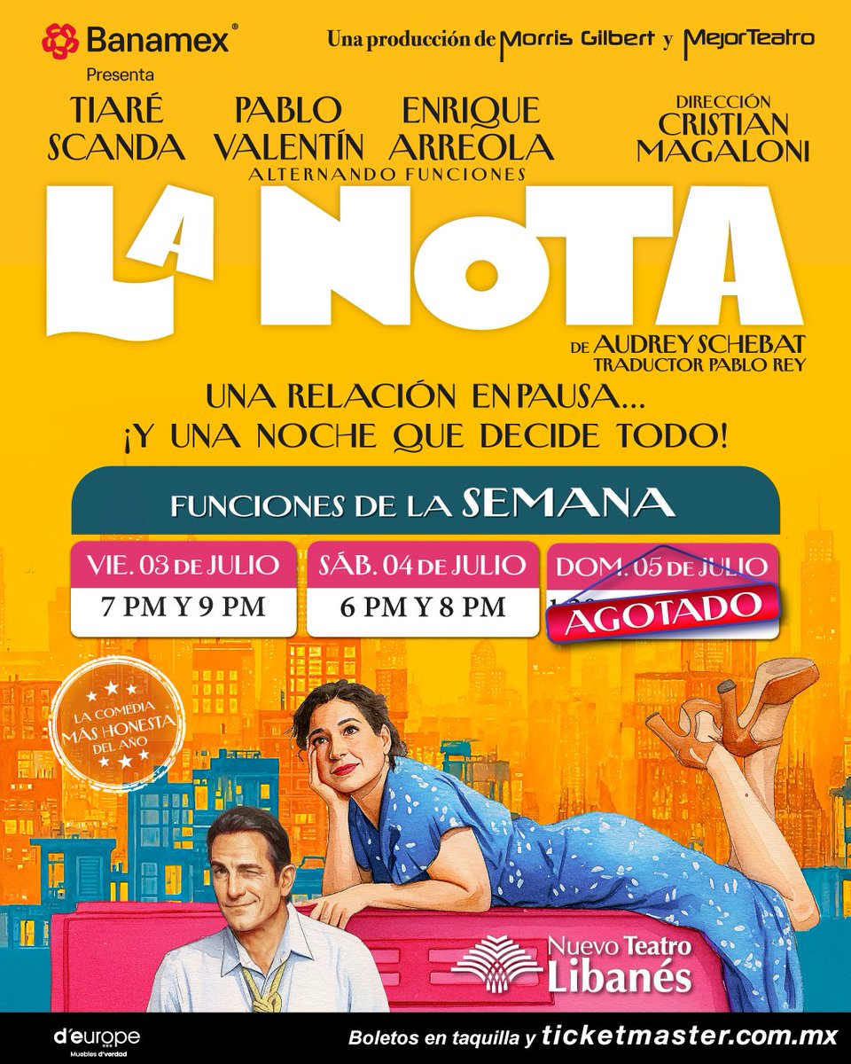 LaNotaObra's tweet photo. Los boletos se agotan, así que no esperes más, adquiere los tuyos y ven a ver #LaNota, la comedia para las parejas que quieren superar la rutina y mejorar su relación.
📍 Nuevo Teatro Libanés
📝 03 de jul. | ⏰ 7 y 9 p.m.
📅 04 de jul. | ⏰ 6 y 8 p.m.
🎟️ https://t.co/XxN5PGnqva https://t.co/pGk64hK1QF