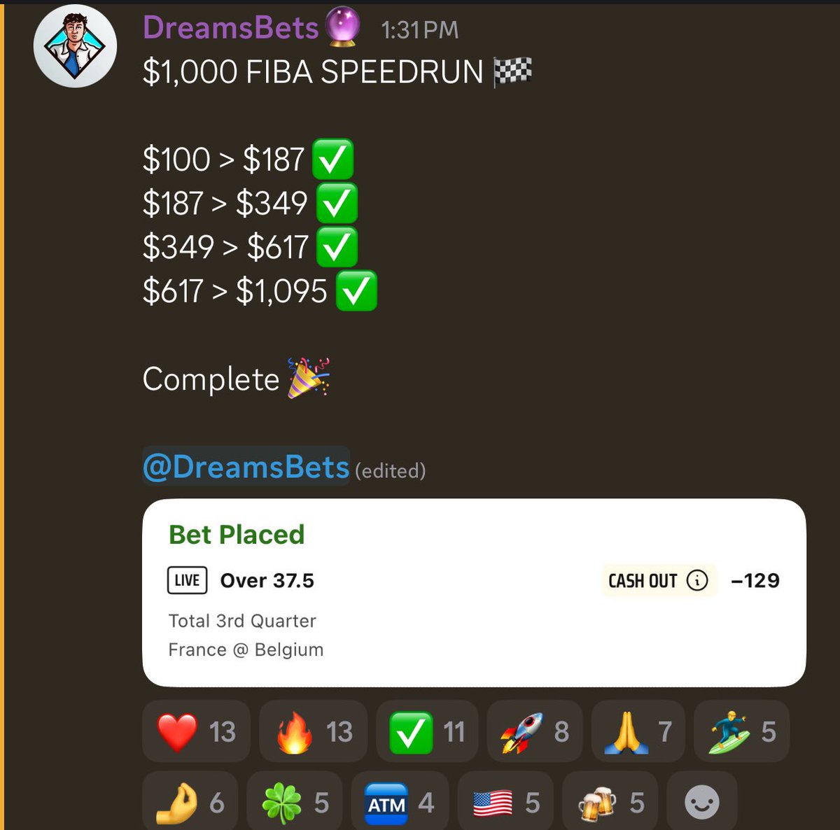 DreamsBets's tweet photo. $100 to $1,000 FIBA Speedrun ✅

My discord is a unlimited money machine , everyday you see us 10-100x our money 🤑

We are running it back in 30 minutes ⬇️

DO NOT MISS OUT -> https://t.co/h48qv3ZsFW https://t.co/4Ayn9oBa2m