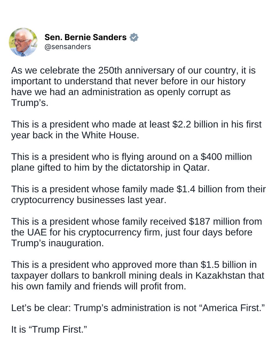 SenSanders's tweet photo. Let's be clear: Trump's administration is not "America First."  

It is "Trump First." https://t.co/DmyA574Ozv