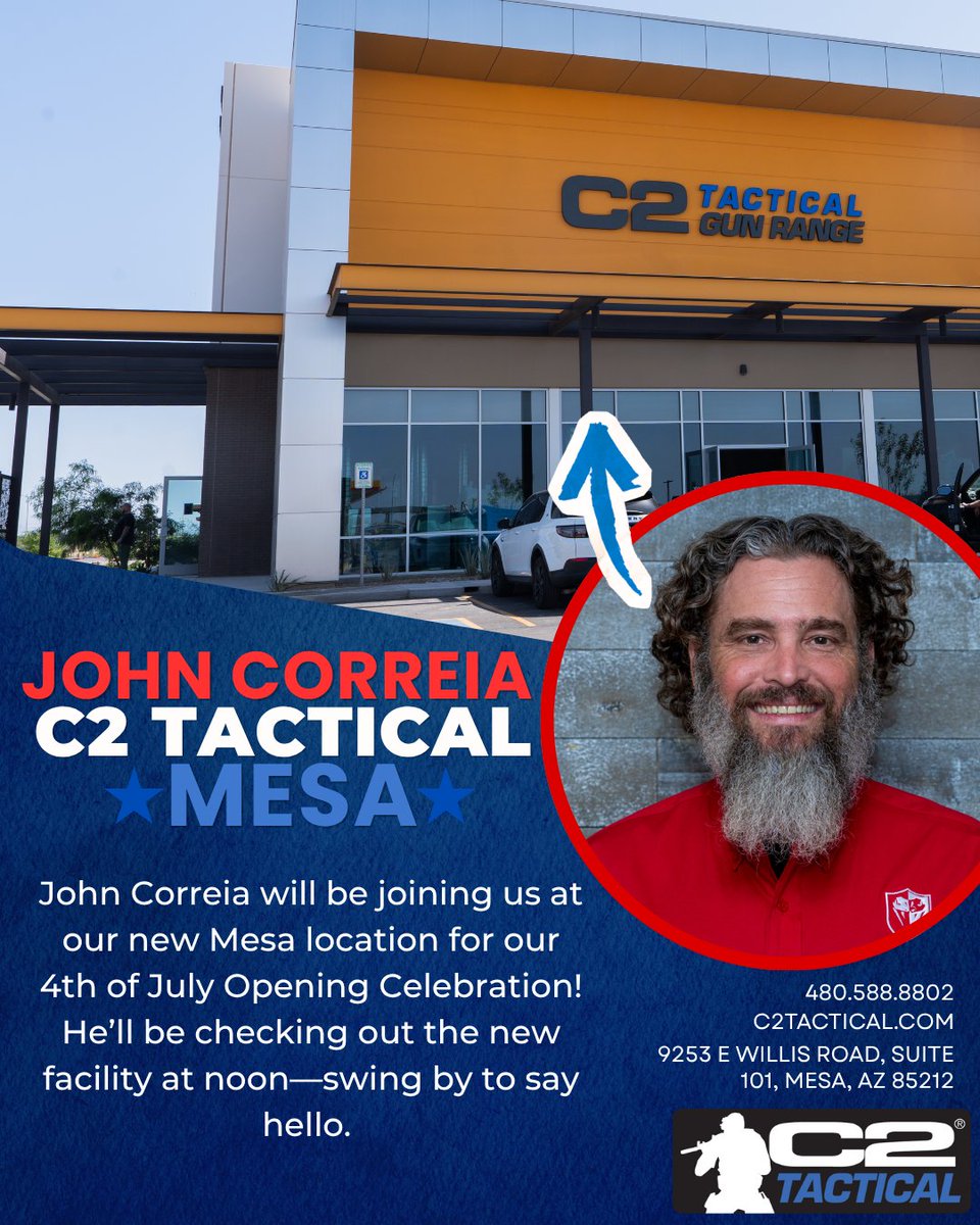 C2_Tactical's tweet photo. Huge news for the 4th of July! 🔥 The legend himself, John Correia of @activeselfprotection, is stopping by our brand-new Mesa location tomorrow to celebrate Independence Day with us!🎉⁠
⁠
Catch him hanging out starting at 12:00 PM. Trust us, you do not want to miss this. https://t.co/sidnOoNCE4