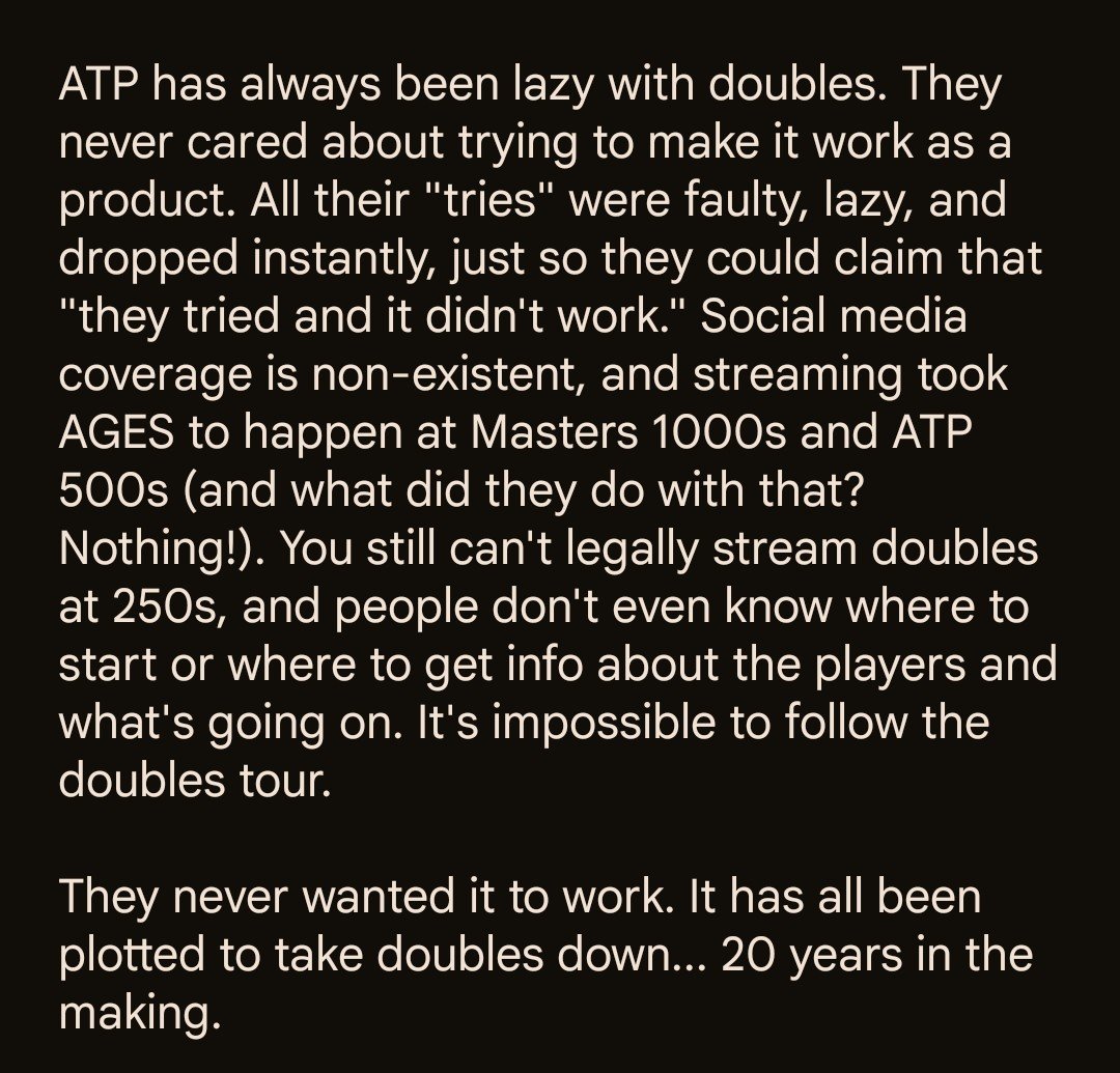 alcalejon's tweet photo. I've seen everything during these 20+ years of watching, covering, and living the doubles tour. All I can say right now, without getting way too frustrated, is that it's pretty clear the ATP never wanted doubles to work. 

#OurTourOurFuture https://t.co/uutNPMiBcH