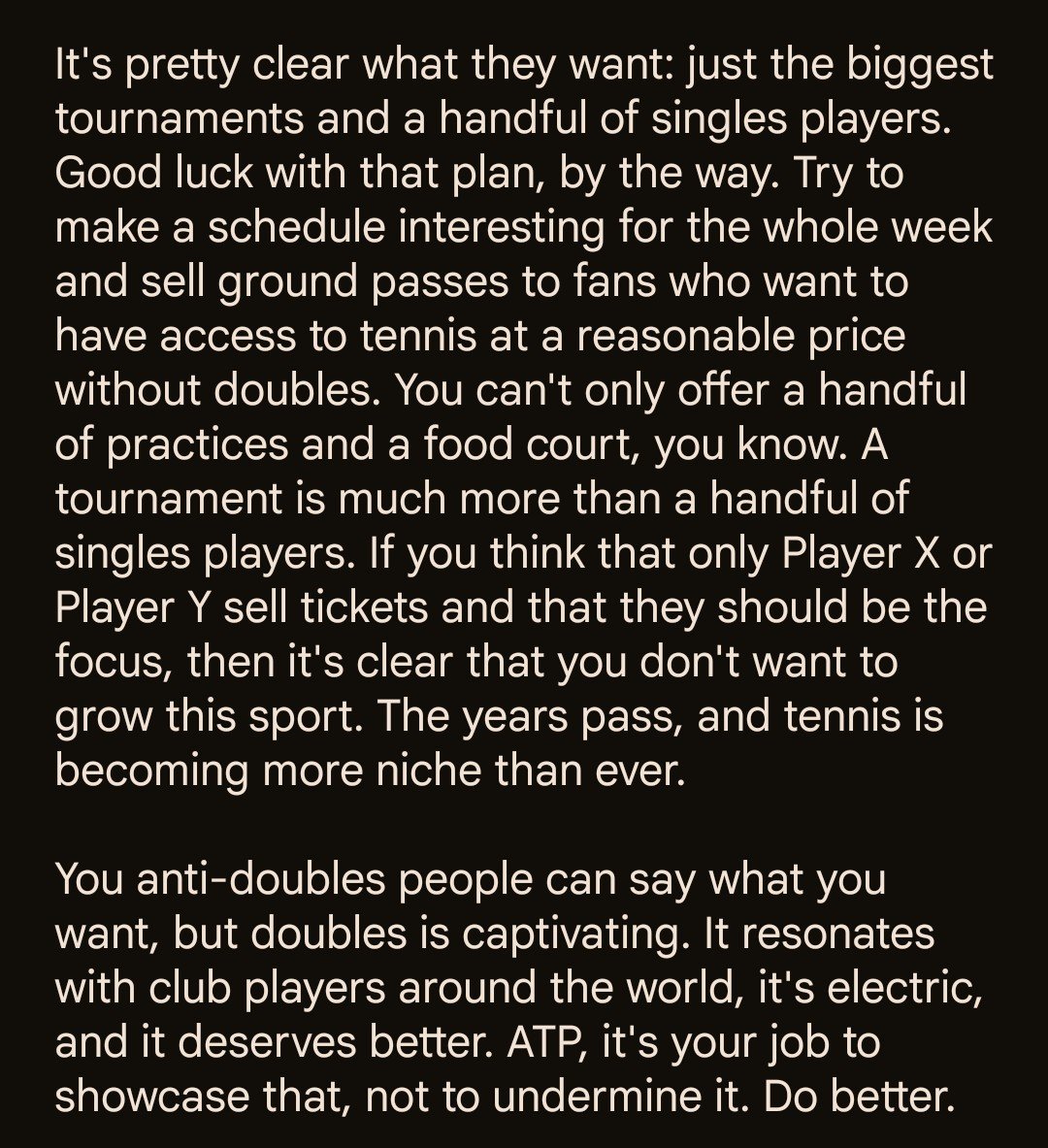 alcalejon's tweet photo. I've seen everything during these 20+ years of watching, covering, and living the doubles tour. All I can say right now, without getting way too frustrated, is that it's pretty clear the ATP never wanted doubles to work. 

#OurTourOurFuture https://t.co/uutNPMiBcH