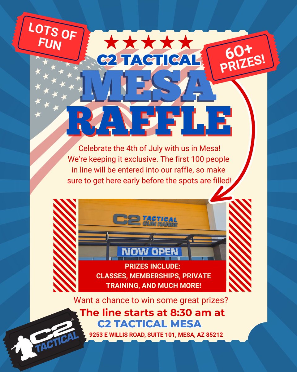 C2_Tactical's tweet photo. Let's make things interesting🤔 On Saturday, the 4th of July, come to C2 Tactical Mesa and get a chance to win incredible prizes in our new Mesa Raffle event!💯Tickets are limited- only 100 available, so make sure to get yours quickly! https://t.co/cnTBjAqNet