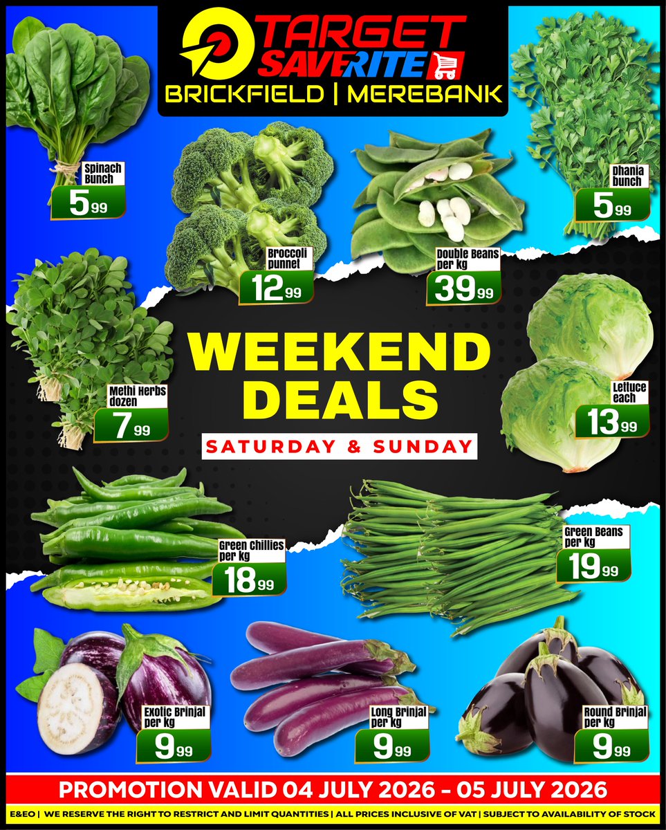targetmerebank's tweet photo. Fresh, crisp, and incredibly budget-friendly! 🌽🥦

Fill your basket with the best quality veggies and fruits this weekend at Target Merebank! 🥗✅

📲 079 760 7897
📍50 Bombay Walk, Merewent
🗓️ 04-05 July 2026

#savings #produce #fresh #merebank #cookingram https://t.co/REmWVIiTfU