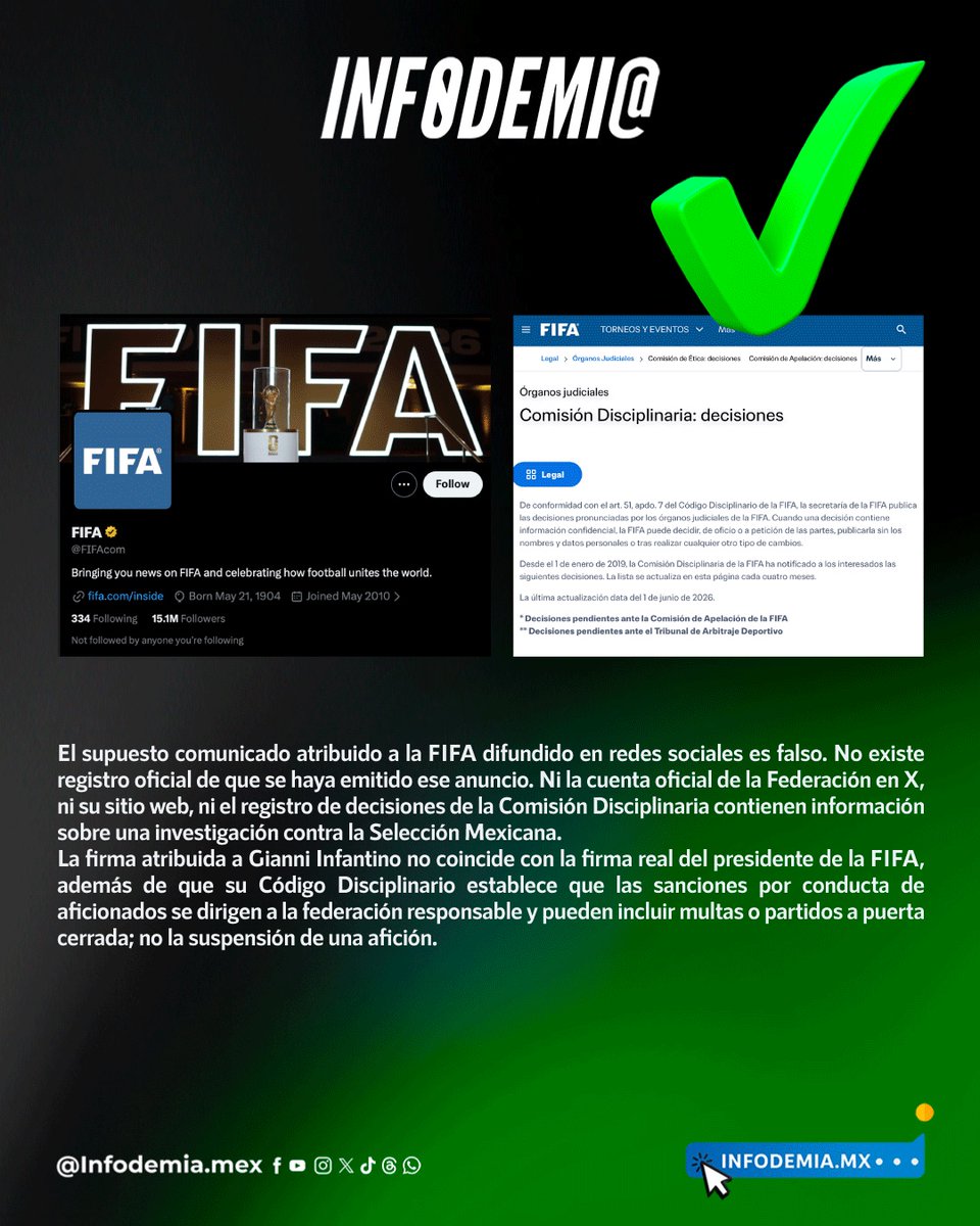infodemiaMex's tweet photo. ❌Falso que la FIFA está investigando a la Selección Mexicana y podría repetir el partido contra Ecuador

✅El supuesto comunicado atribuido a la FIFA difundido en redes sociales es falso. No existe registro oficial de que se haya emitido ese anuncio. Ni la cuenta oficial de la Federación en X, ni su sitio web, ni el registro de decisiones de la Comisión Disciplinaria contienen información sobre una investigación contra la Selección Mexicana.

✅La firma atribuida a Gianni Infantino no coincide con la firma real del presidente de la FIFA, además de que su Código Disciplinario establece que las sanciones por conducta de aficionados se dirigen a la federación responsable y pueden incluir multas o partidos a puerta cerrada; no la suspensión de una afición.

▶️https://t.co/MzCh0nPrTX