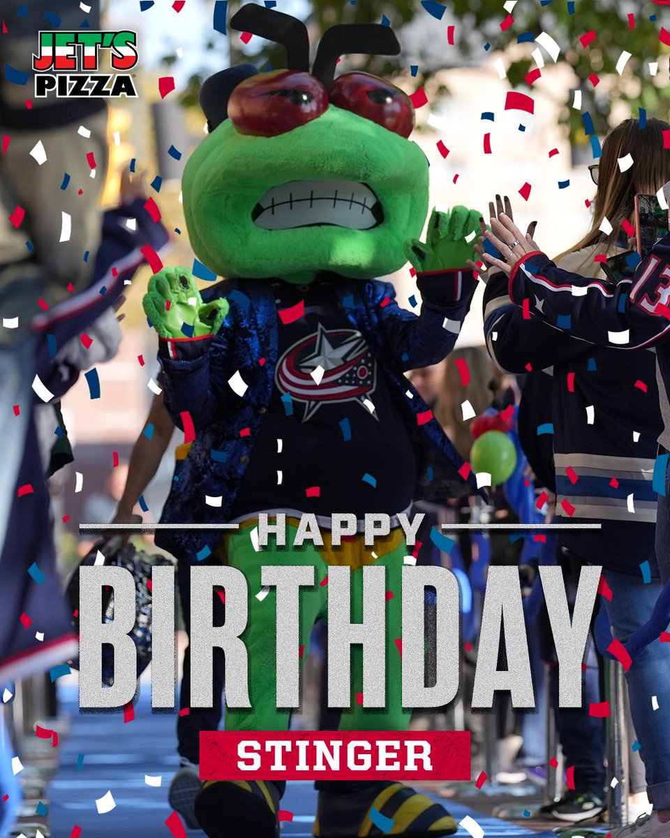 BlueJacketsNHL's tweet photo. THE BIRTHDAY BUG! 🎉

Help us wish @StingerCBJ a happy birthday! 

CBJ x @JetsPizza https://t.co/NkmhO53eUA