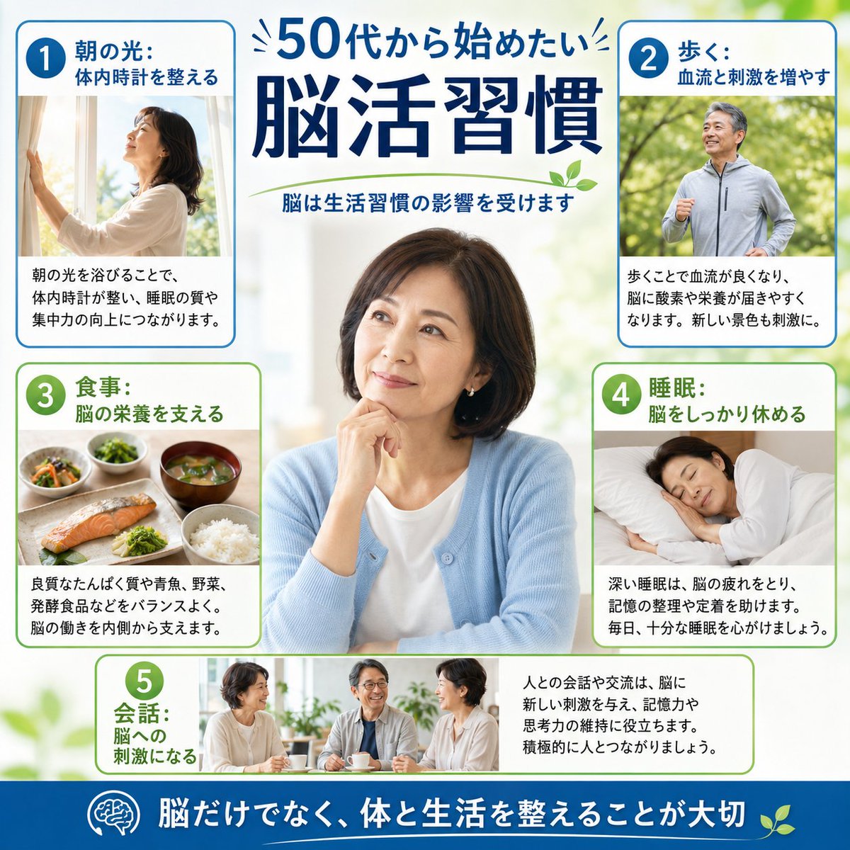 ys37164030's tweet photo. 50代から始めたい脳活習慣

「最近、人の名前が出てこない」
「集中力が続かない」
「やろうと思ったことを、すぐ忘れる」

50代になると、こういう変化にドキッとすることありますよね？

そこで多くの方が、脳トレアプリや難しい計算を始めようとします。

もちろん、頭を使うことは大切です。

でも、脳活は「脳だけを鍛えること」ではありません。

世界保健機関、WHOの認知機能低下と認知症予防のガイドラインでも、運動、食事、社会参加、生活習慣病の管理などが重要な要素として整理されています。

つまり、脳を元気に保つには、体の使い方、血流、睡眠、食事、人との関わりまで含めて見ていく必要があるということです。

たとえば、歩くこと。

歩くと足腰だけでなく、視覚、バランス、姿勢、呼吸、判断力まで同時に使います。

脳にとって歩行は、かなり高度な総合トレーニングなんですよね？

食事も大切です。

地中海食やDASH食をもとにしたMIND食の研究では、野菜、豆類、ナッツ、魚、全粒穀物などを意識した食事パターンが、

加齢に伴う認知機能の維持と関連する可能性が報告されています。

ただし、特定の食品だけで脳が若返るわけではありません。

脳は、毎日の生活全体の影響を受けています。

夜ふかしが続く。
座りっぱなしが多い。
人と話す機会が少ない。
ストレスで頭の中がずっと忙しい。

こうした状態が続くと、脳は休む時間も、刺激を受ける時間も偏りやすくなります。

スマホを充電しているつもりでも、裏で重たいアプリが動き続けているような状態かもしれません。

だから50代からの脳活は、特別なことを増やす前に、まず脳が働きやすい土台を整えることが大切です。

朝に光を浴びる。
少し歩く。
よく噛んで食べる。
夜は情報を入れすぎない。
誰かと会話する。

こうした小さな習慣が、脳にとっては立派な刺激になります。

年齢のせいと決めつける前に、

脳が疲れすぎていないか?
体を使う機会が減っていないか?
生活のリズムが乱れていないか？

を見直してみてください。

脳活は、頑張って詰め込むものではありません。

脳と体が働きやすい毎日を、

少しずつ取り戻していくこと。
まずは今日、5分だけ外を歩いてみる。

そこからで十分ではないでしょうか？