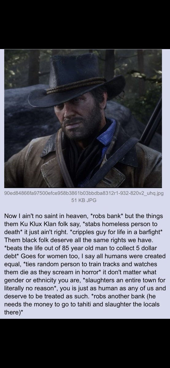AngloMan1488's tweet photo. @wesleytypes RDR2 is shit because its a retard leftists idea of what the wild west was like https://t.co/yzfUSSRKja