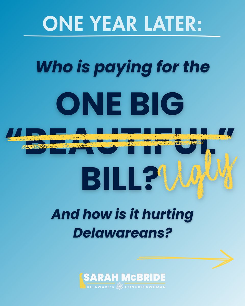 Rep_McBride's tweet photo. One year later, the “One Big Beautiful Bill” has made life harder and more expensive for working families.

Health care premiums are up. ACA enrollment is down. Medicaid coverage is at risk. Food assistance has been cut. And while families are paying the price, the wealthiest Americans are cashing in on massive tax breaks.

This is what happens when Washington chooses billionaires over working people.