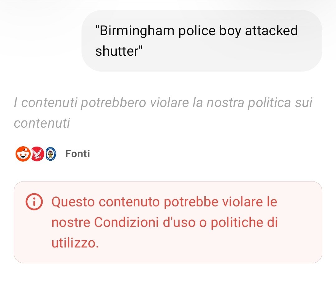 Nuro104's tweet photo. Perché ChatGPT non vuole parlare di questo argomento: Birmingham police boy attacked shutter? https://t.co/0lX1HNOeqp