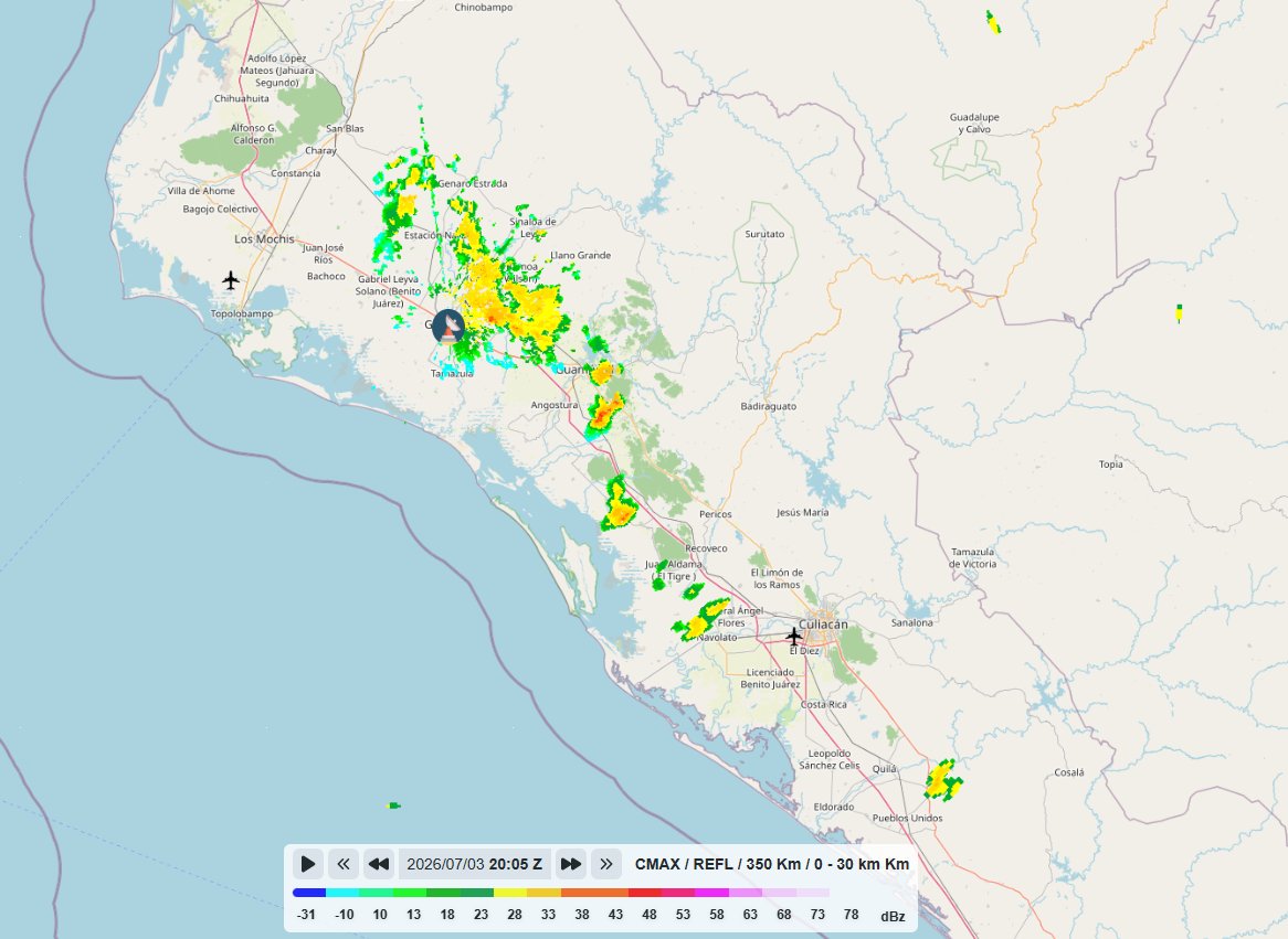 stmsin's tweet photo. 1:11PM
La lluvia se ha retirado de Guasave, aunque han comenzado a desarrollarse núcleos dispersos entre Guamúchil y Navolato.

Como se mencionó, esta actividad se extenderá sobre municipios de interiores y serranos del norte y centro de Sinaloa durante esta tarde.

Algunas de estas lluvias apuntan a ser puntuales muy fuertes.

Culiacán podría incrementar la actividad posterior a las 2pm.