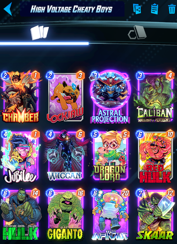 Bustakrakish's tweet photo. My High Voltage deck for this Weekend. Cheat your cards into play, lose to bad variance when Astral decides to pull Dragon Lord and Lord pulls Chamber or Lockjaw. You can even take this to ladder by swapping Zola in over Wiccan. Code in Alt. https://t.co/dFcl7fXByg