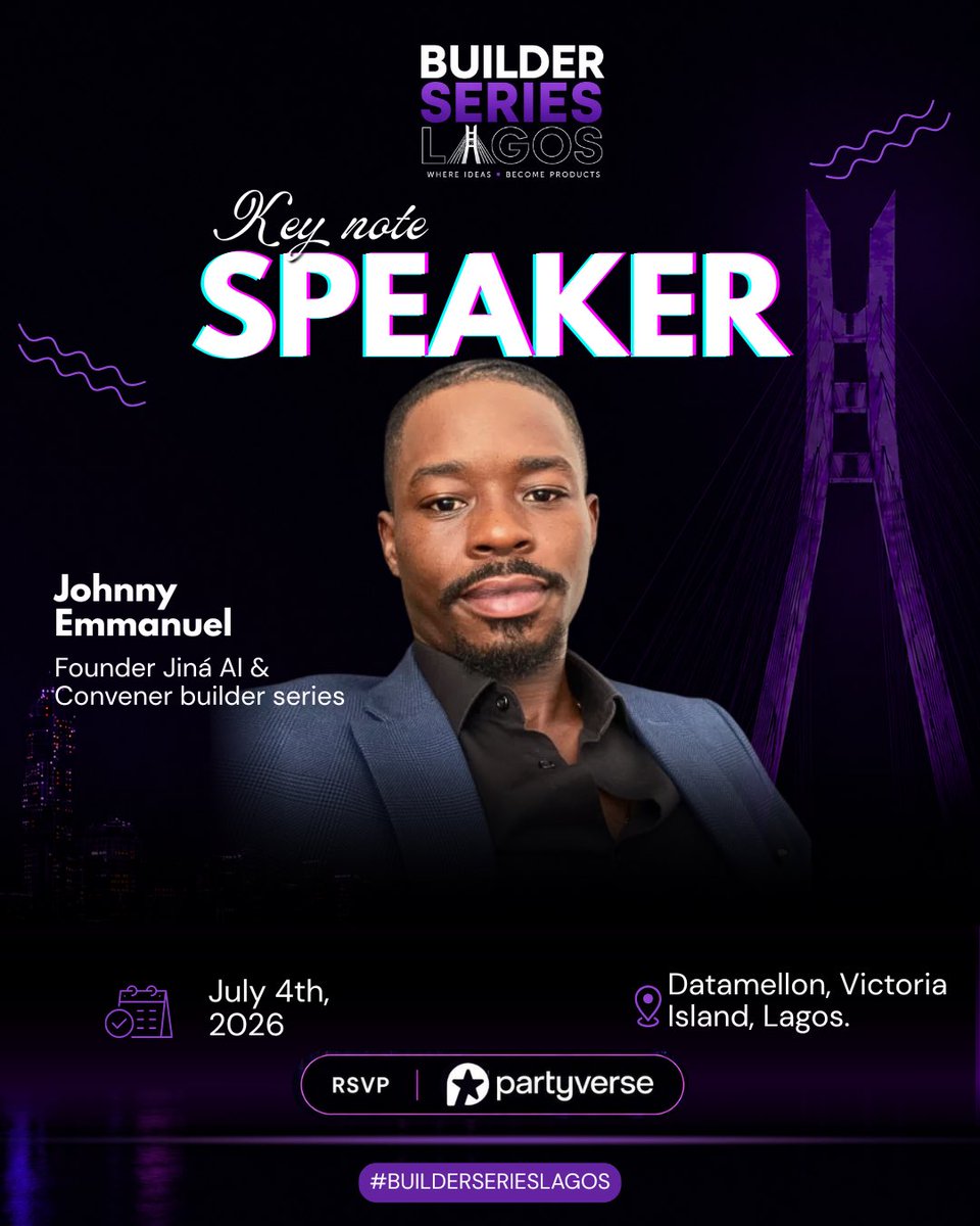 BuilderseriesLA's tweet photo. We’re thrilled to announce Johnny Emmanuel @bravlyn , Founder of Jiná AI and Convener of Builder Series Lagos, as our Keynote Speaker at #BuilderSeriesLagos.

📅 July 4, 2026
📍 Datamellon, Victoria Island, Lagos

#buildersseries #techinafrica https://t.co/l6kwXrTSUi