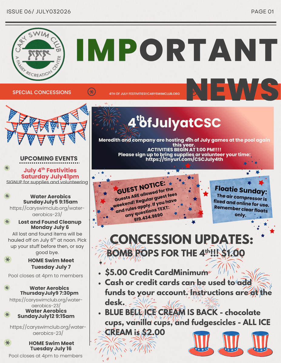 CarySwimClub's tweet photo. Check out our 4th of July newsletter!!! https://t.co/GgqE2VrIdA